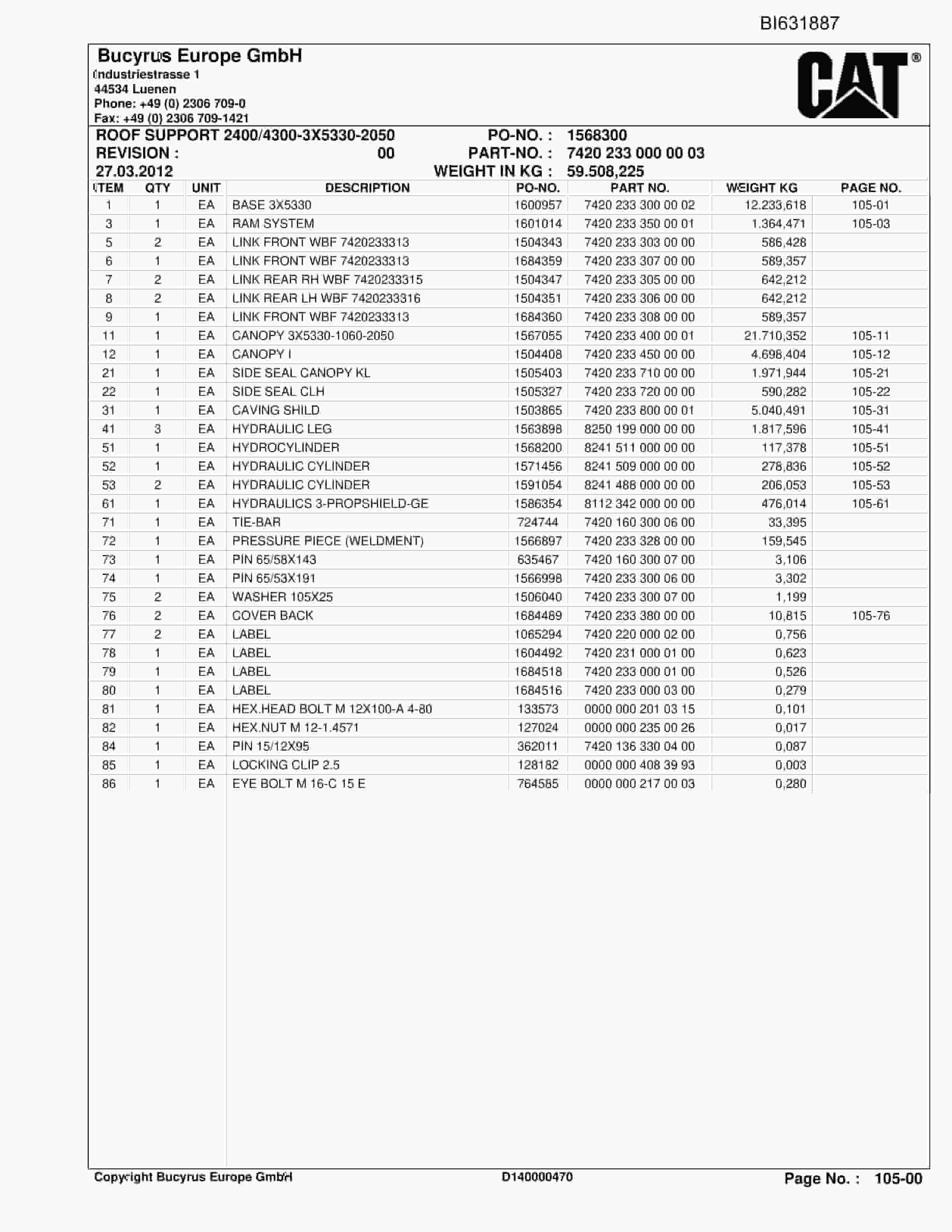 Caterpillar BMA Roof Support And Supply Parts Manual BI631887-2