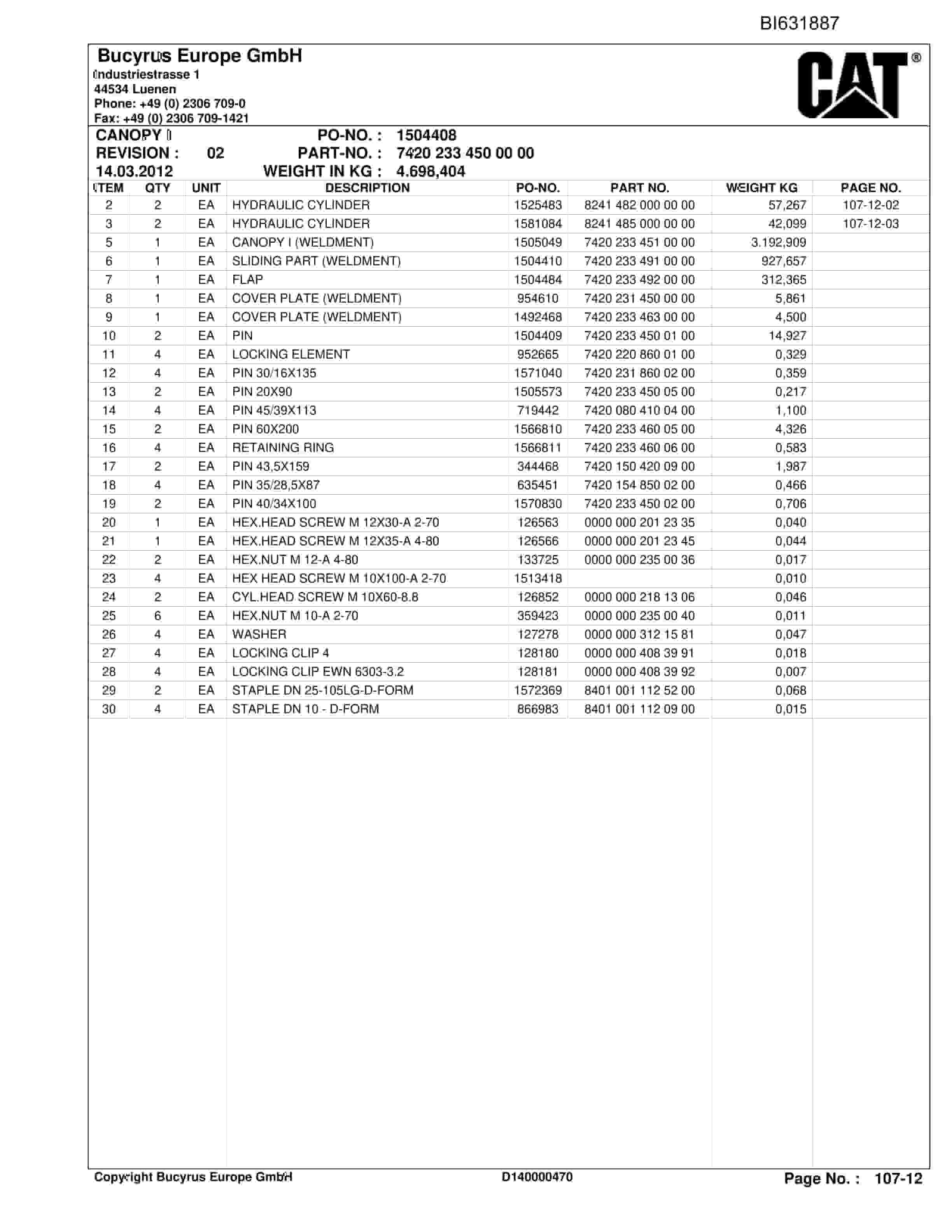 Caterpillar BMA Roof Support And Supply Parts Manual BI631887-4