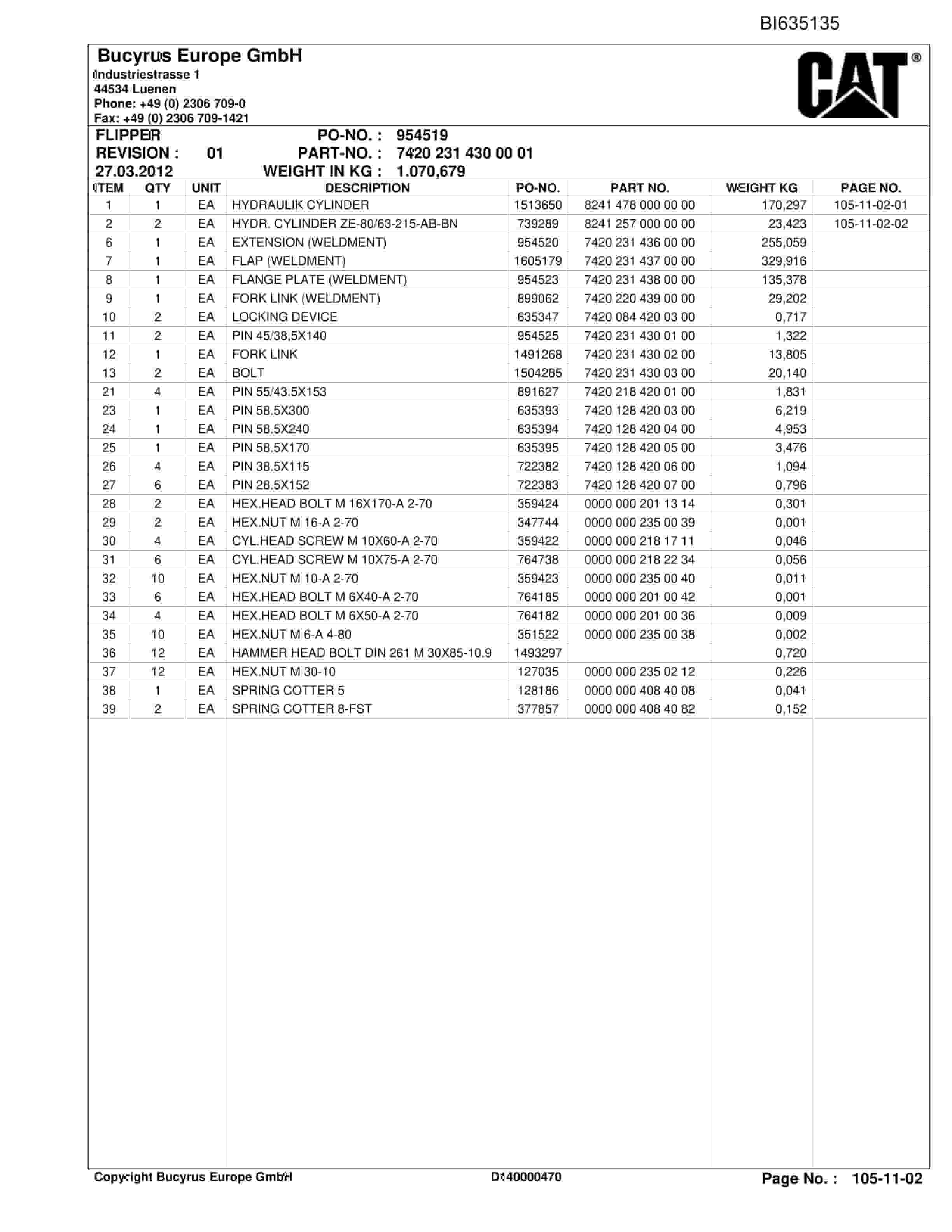 Caterpillar BMA Roof Support And Supply Parts Manual BI635135-2