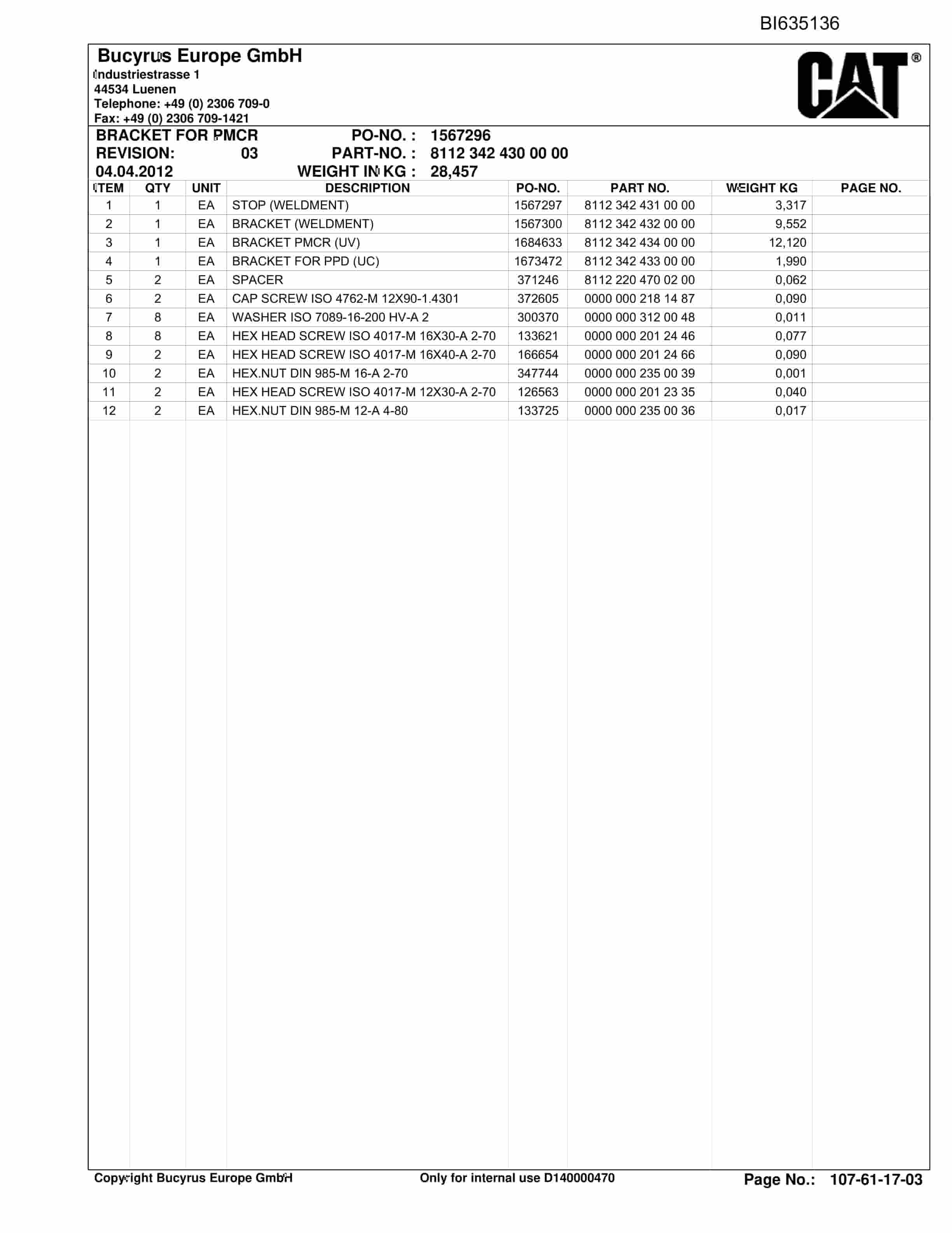 Caterpillar BMA Roof Support And Supply Parts Manual BI635136-5