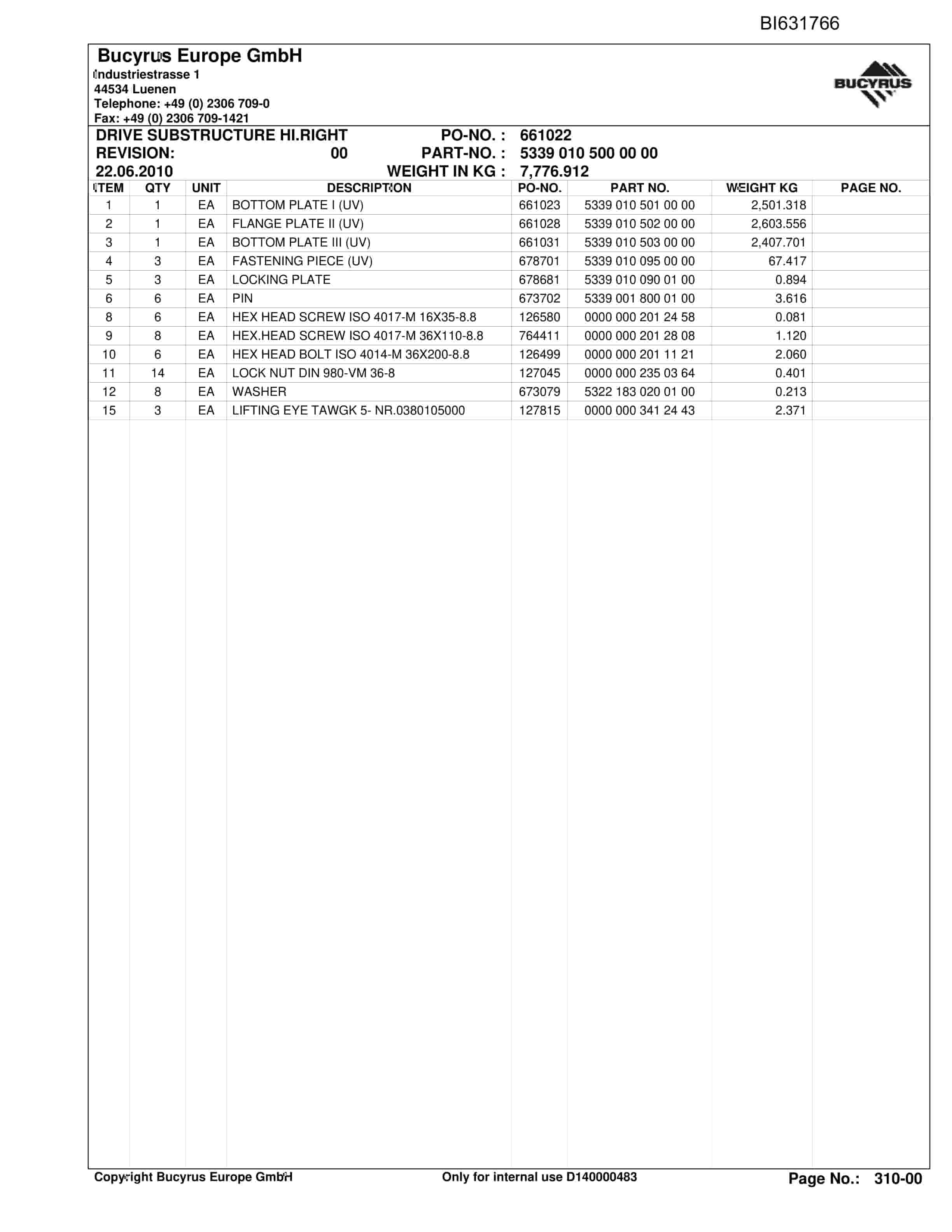 Caterpillar BW DARKOV 2, MS.SH-Conveyor PF6-1042 Parts Manual BI631766-2