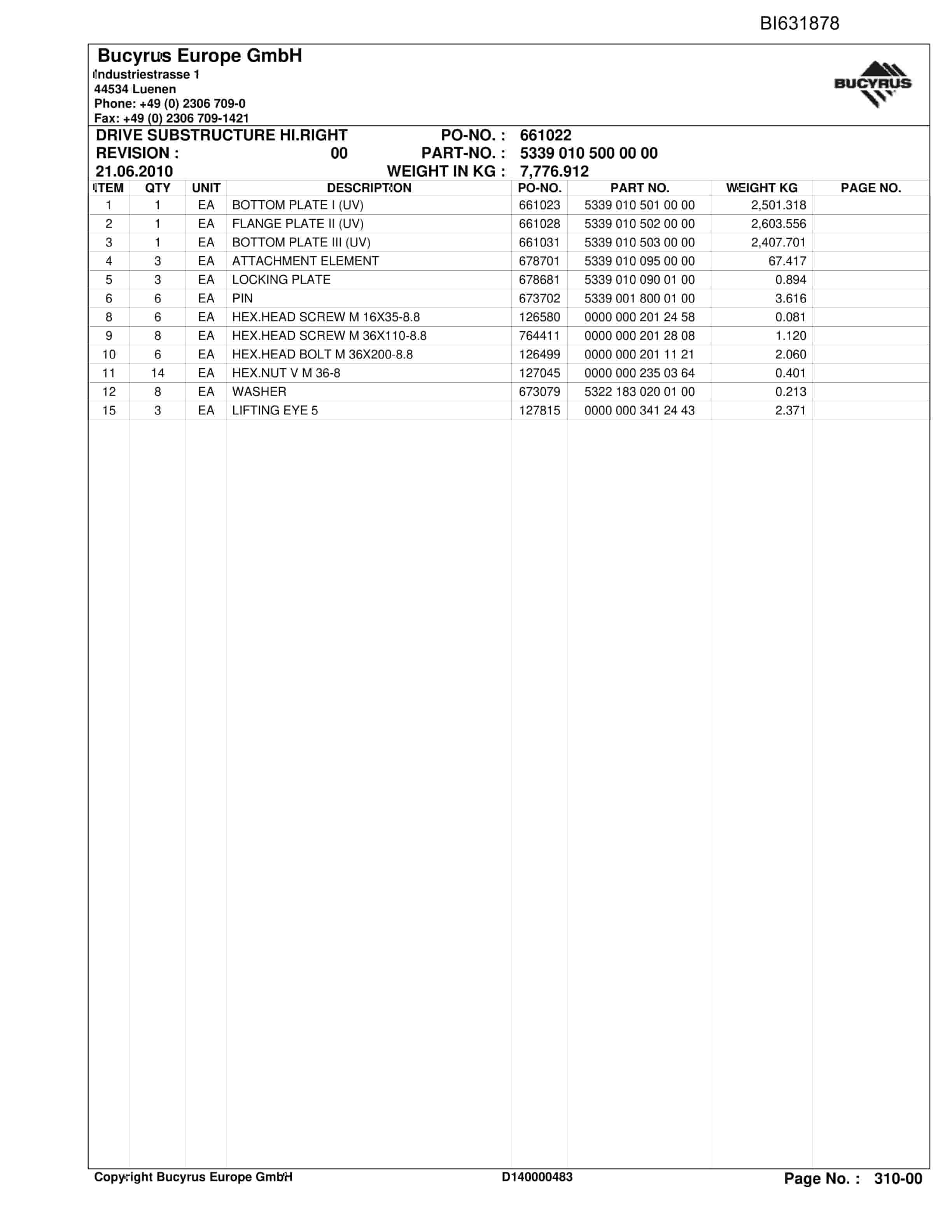 Caterpillar BW DARKOV 2, MS.SH-Conveyor PF6-1042 Parts Manual BI631878-2