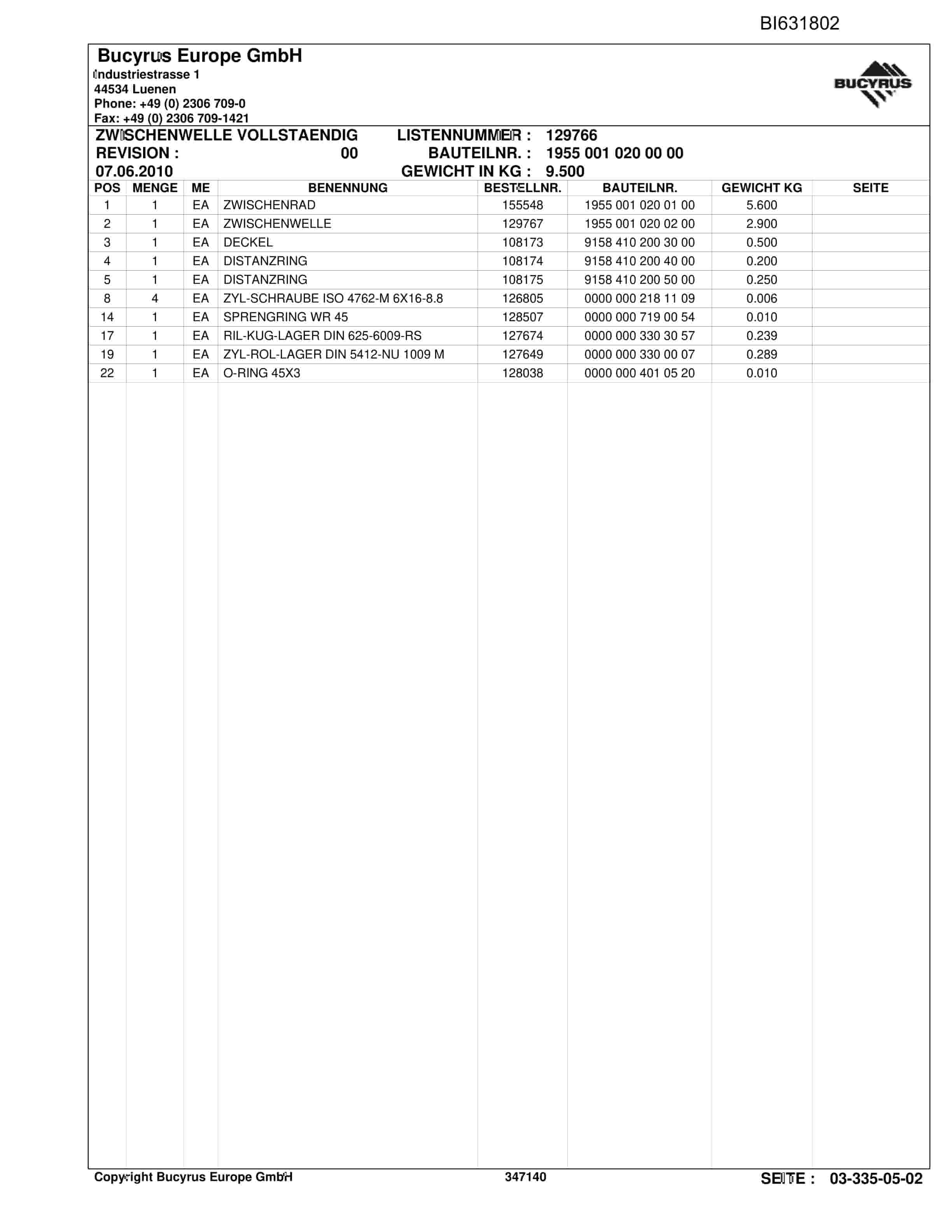 Caterpillar BW SAAR BP 556, Hobelanlage Parts Manual BI631802-3