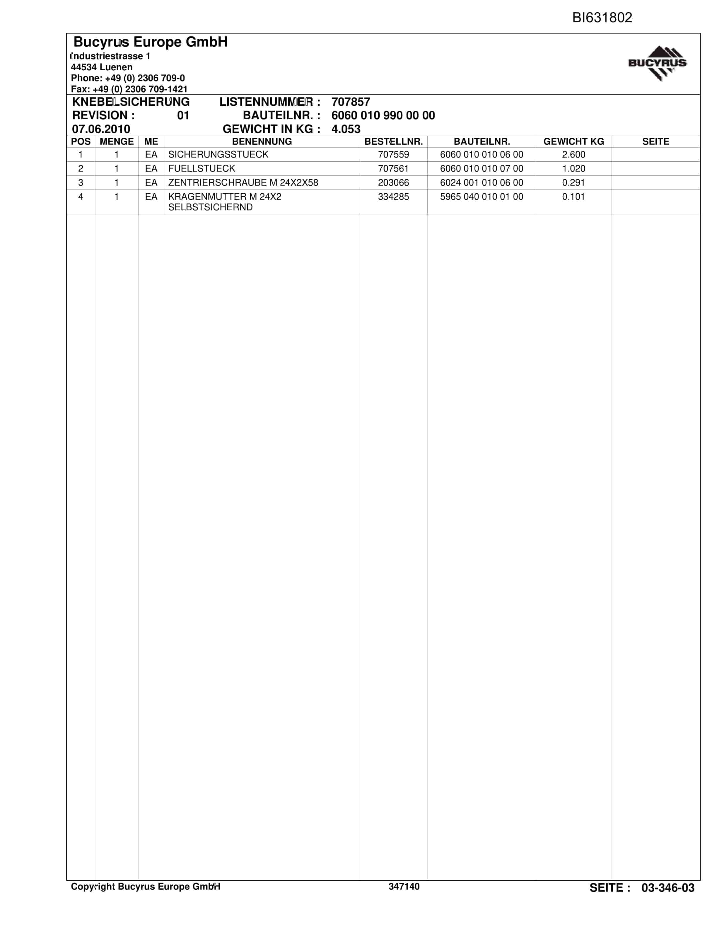 Caterpillar BW SAAR BP 556, Hobelanlage Parts Manual BI631802-4
