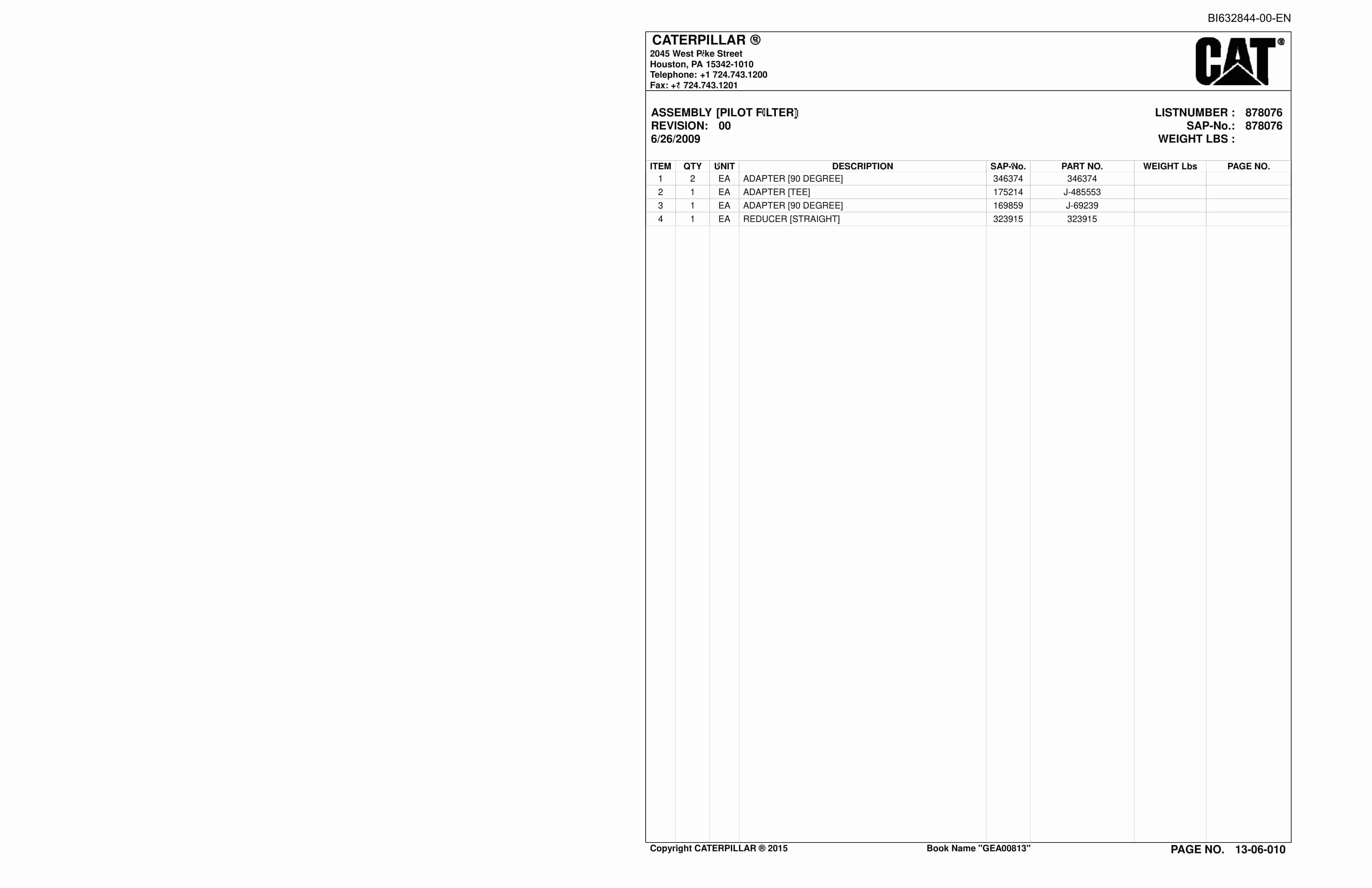 Caterpillar CM210 Continuous Miner Parts Catalog BI632844-2
