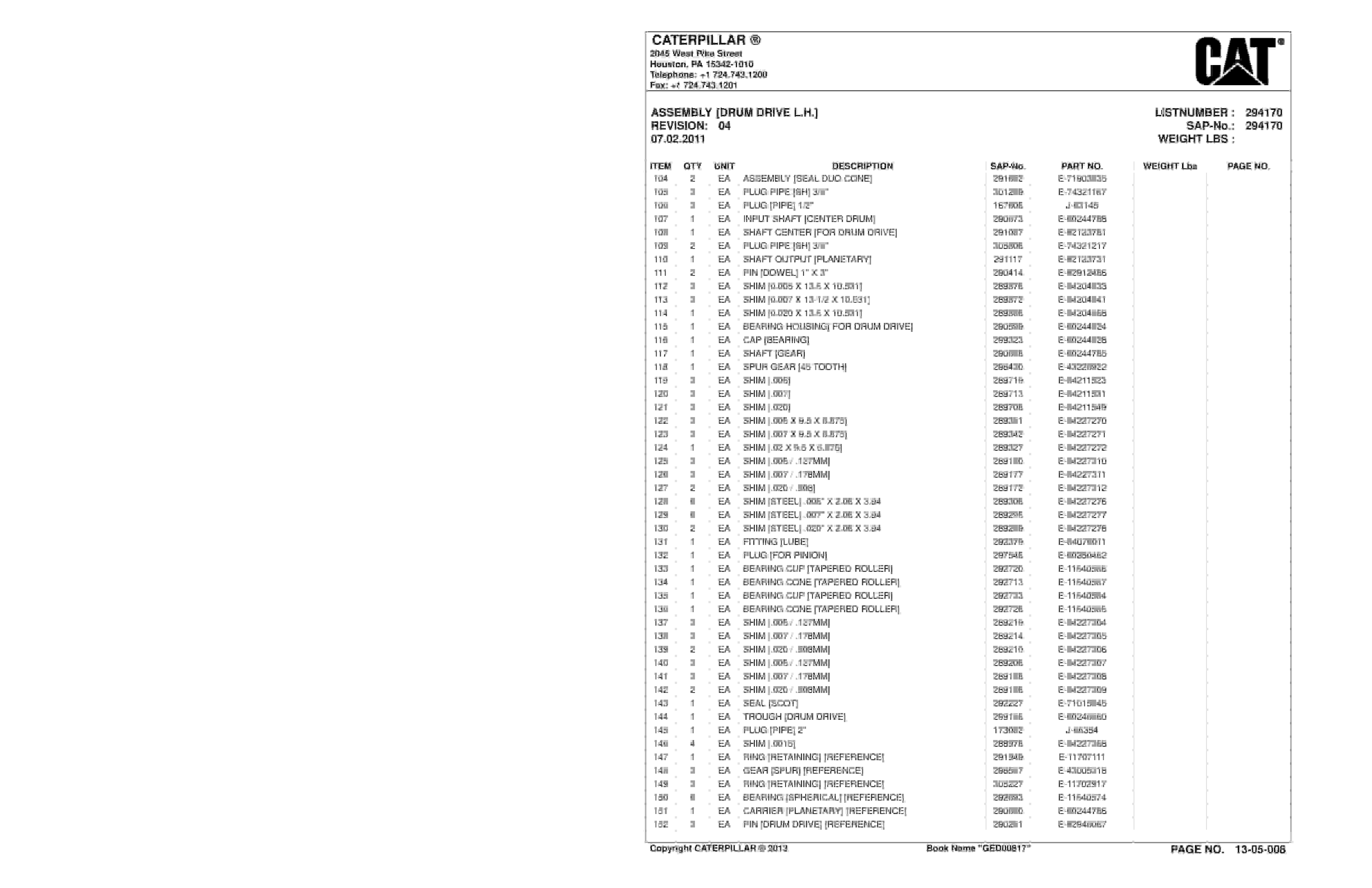 Caterpillar CM230 Continuous Miner Parts Manual BI632538-2
