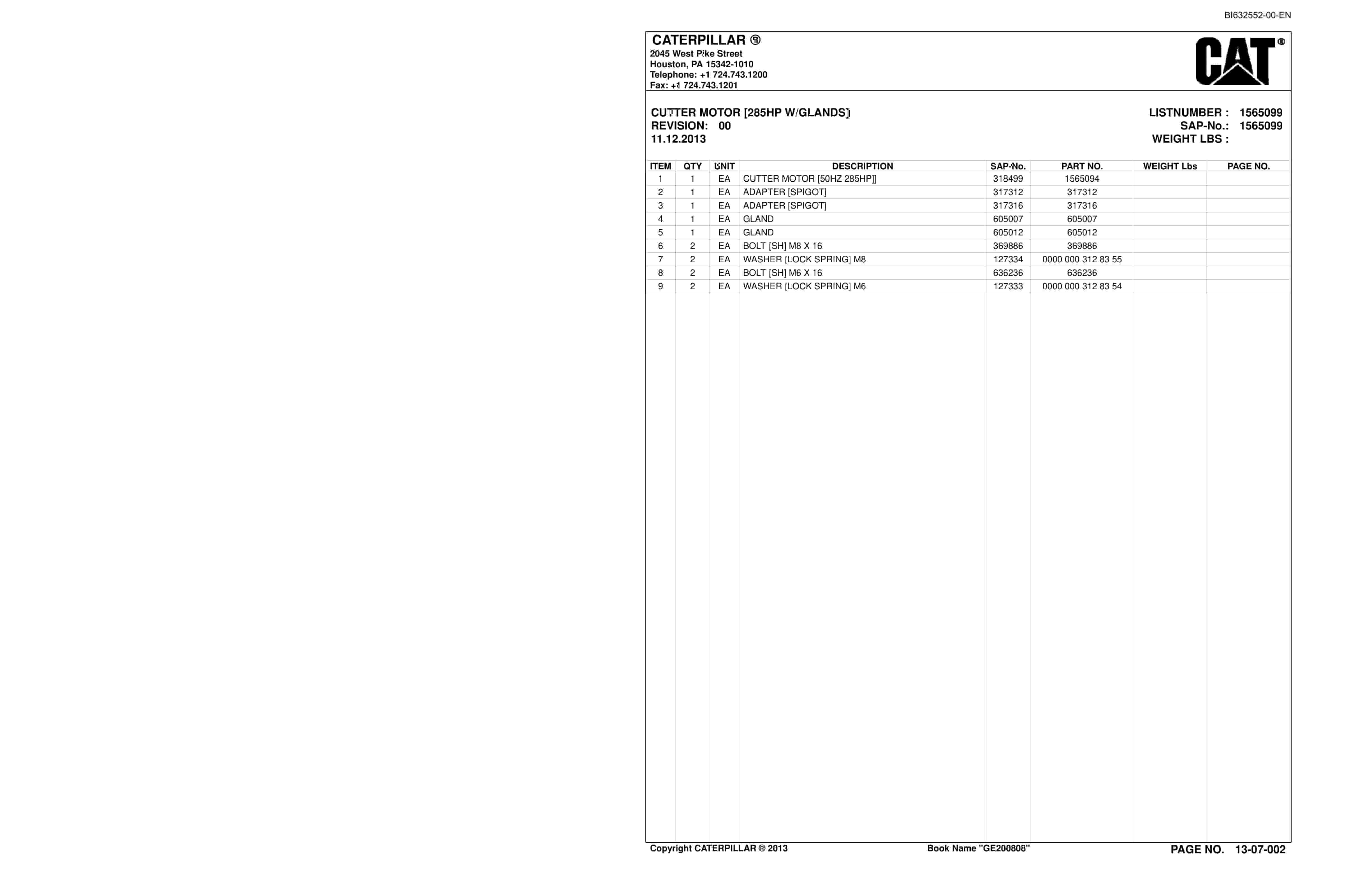 Caterpillar CM345 N Continuous Miner Parts Catalog BI632552-3