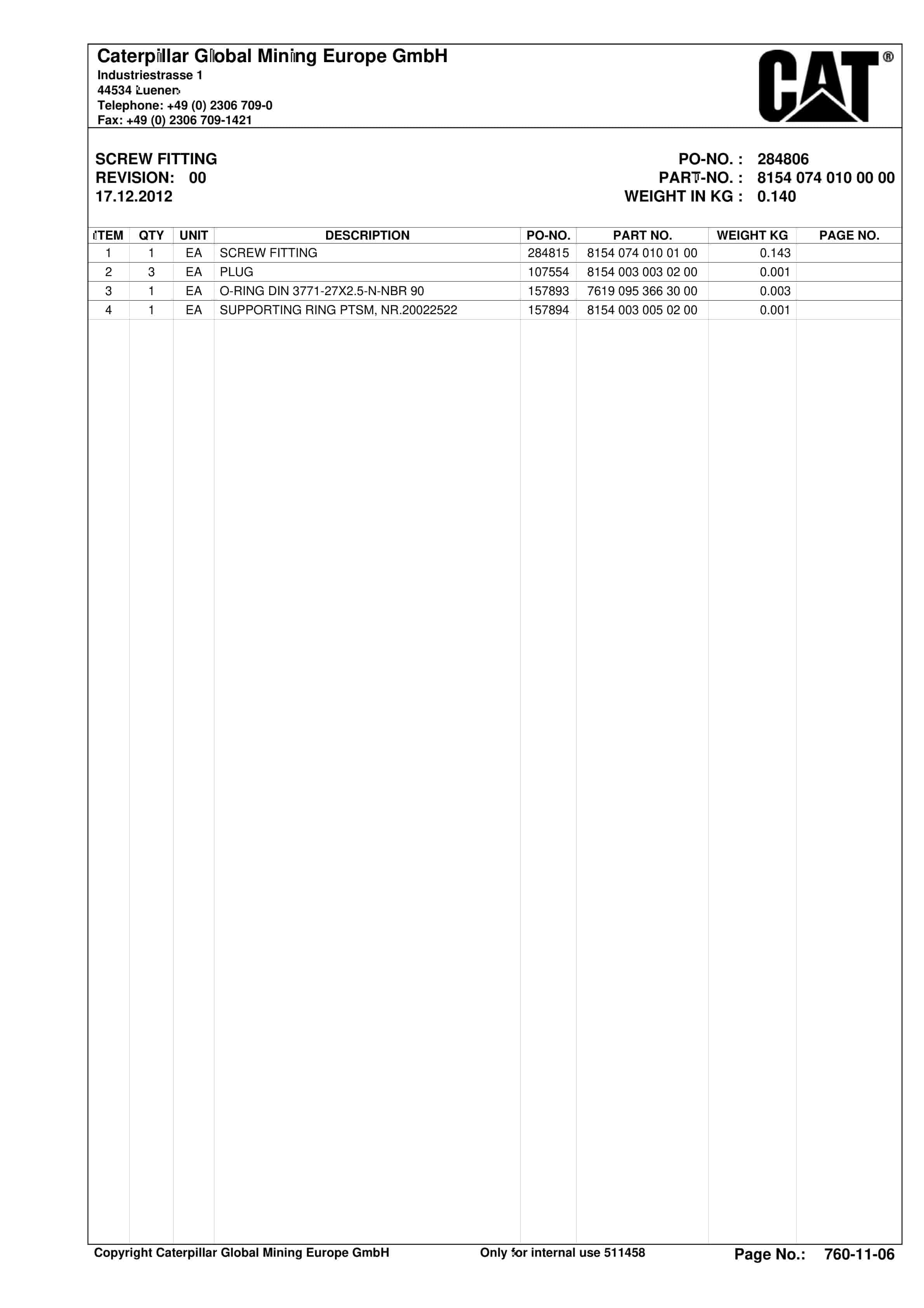 Caterpillar DATONG TASHAN 6, Stationary BSL Parts Manual 0010463600-3