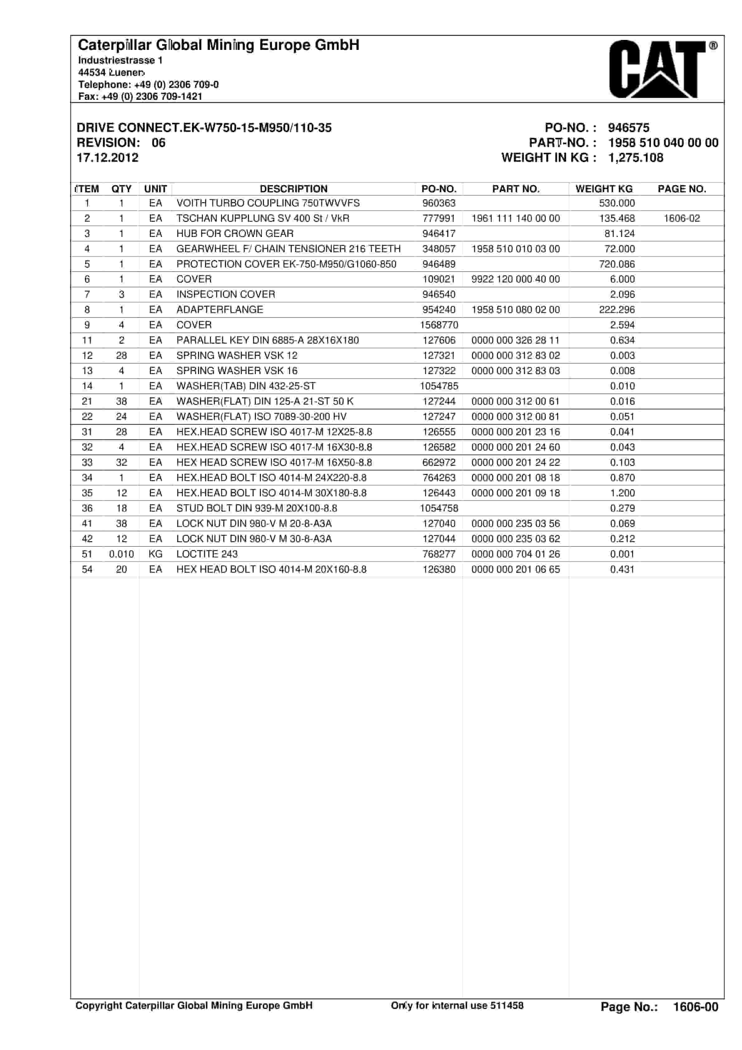 Caterpillar DATONG TASHAN 6, Stationary BSL Parts Manual 0010463600-4