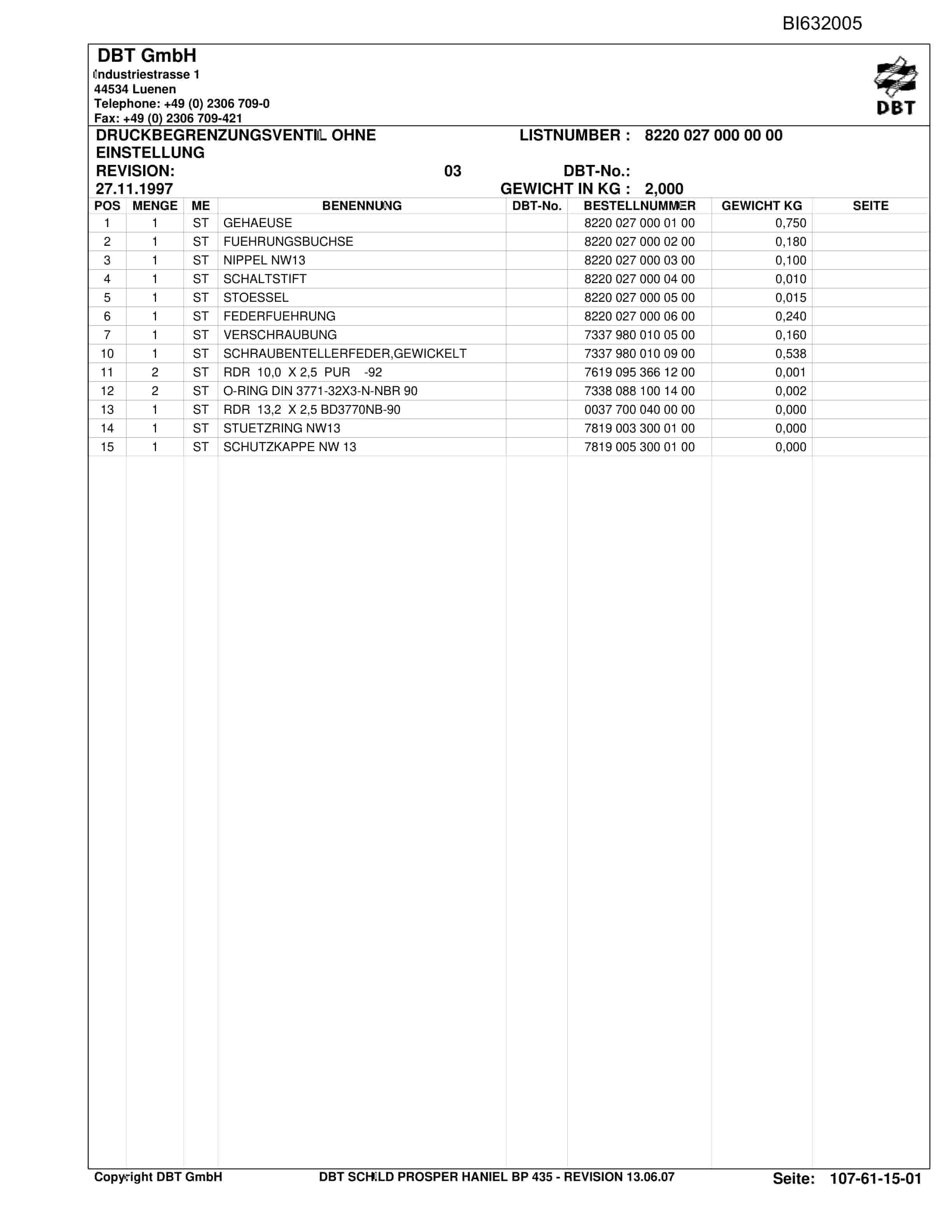 Caterpillar DBT Schild Prosper HANIEL BP 435 Parts Manual BI632005-4