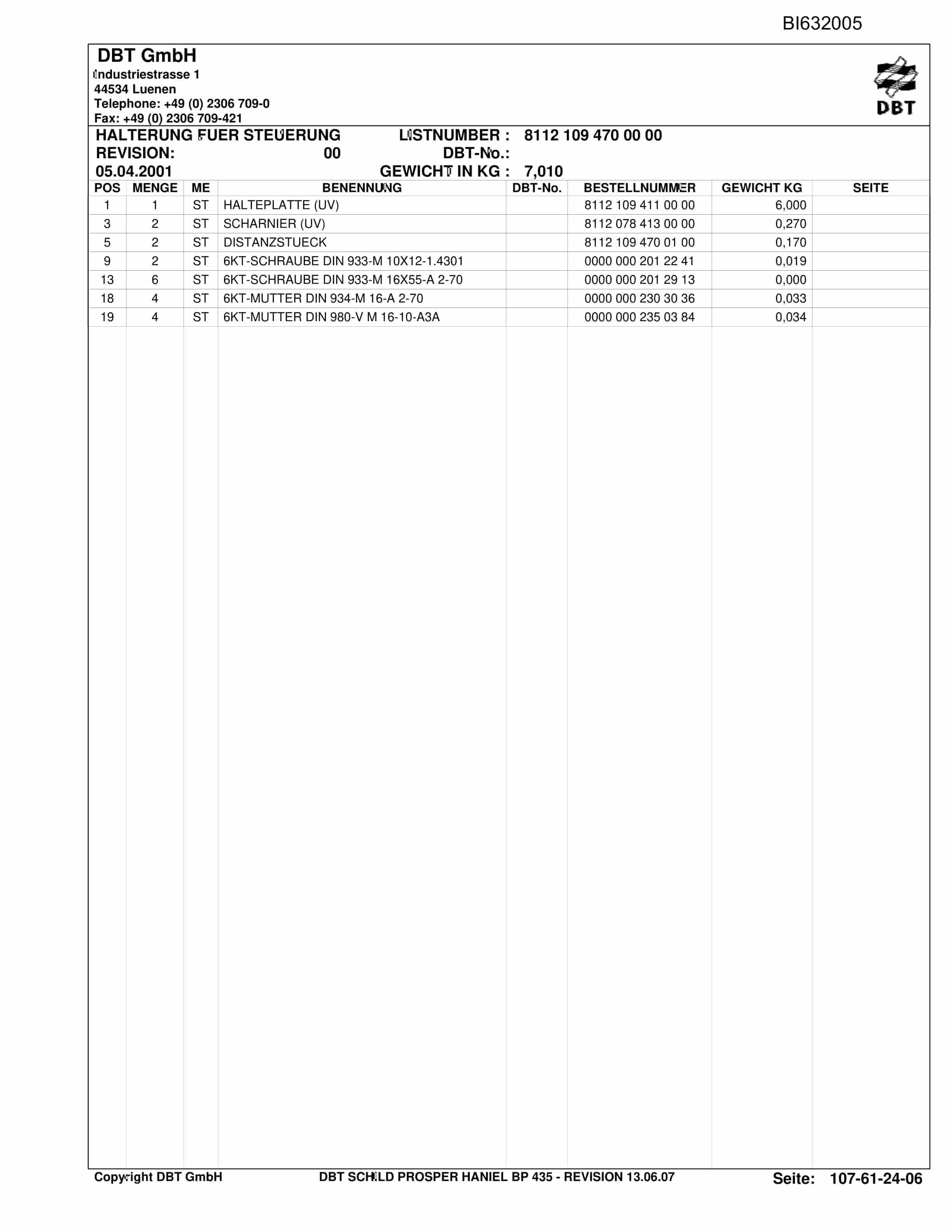 Caterpillar DBT Schild Prosper HANIEL BP 435 Parts Manual BI632005-5