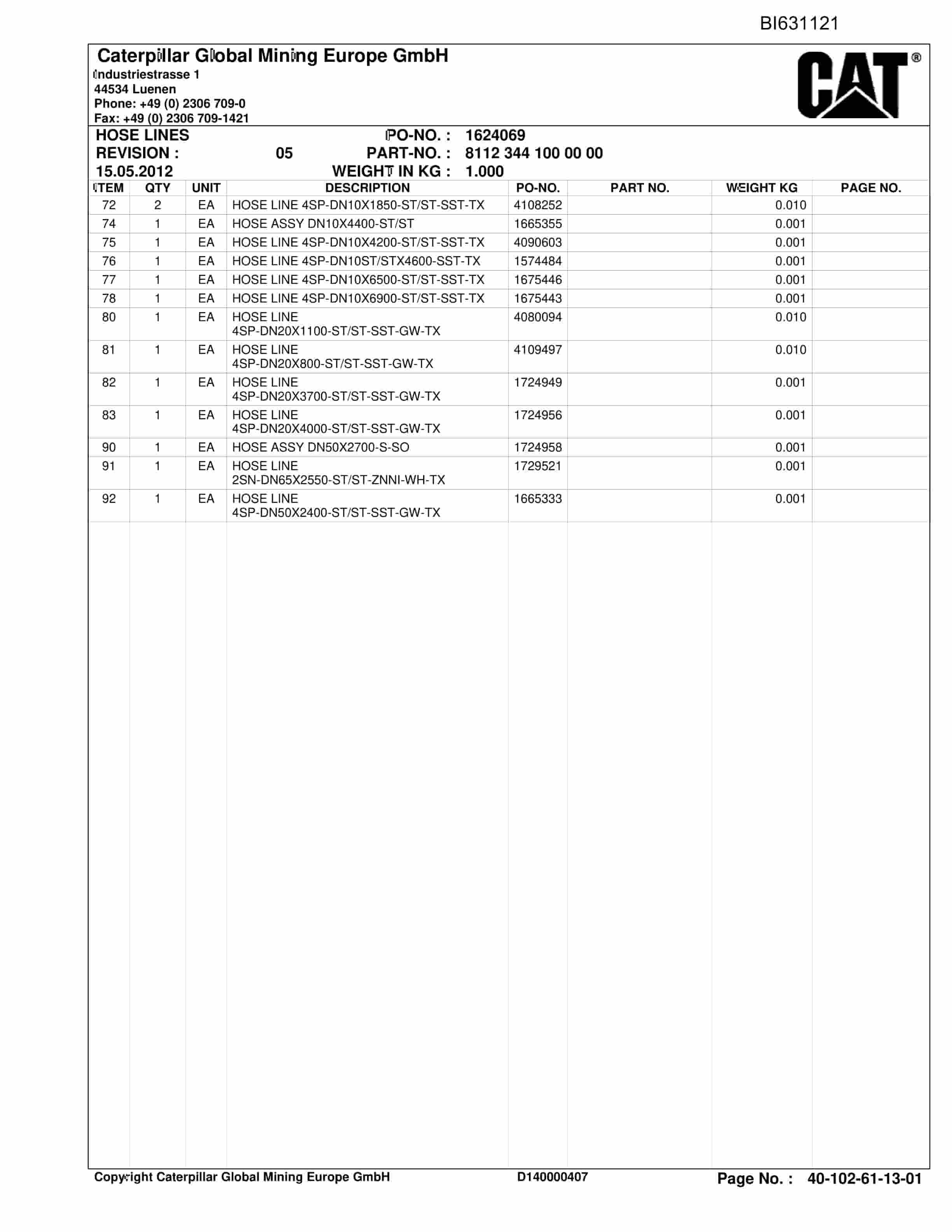 Caterpillar Kestrel Parts Manual BI631121-3