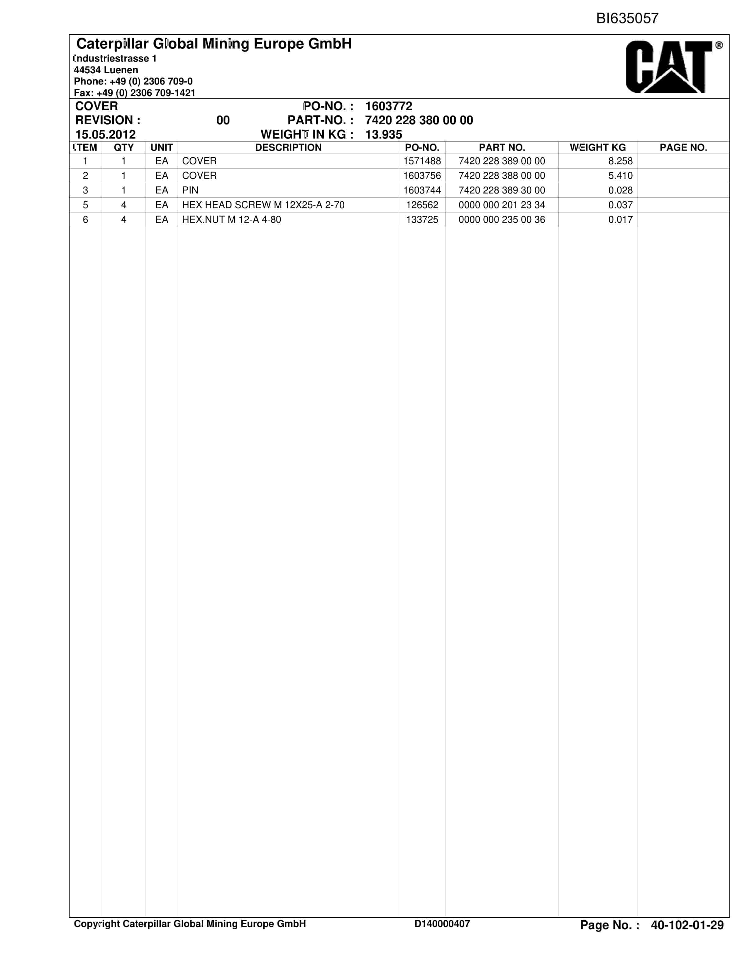 Caterpillar KESTREL Parts Manual BI635057-2