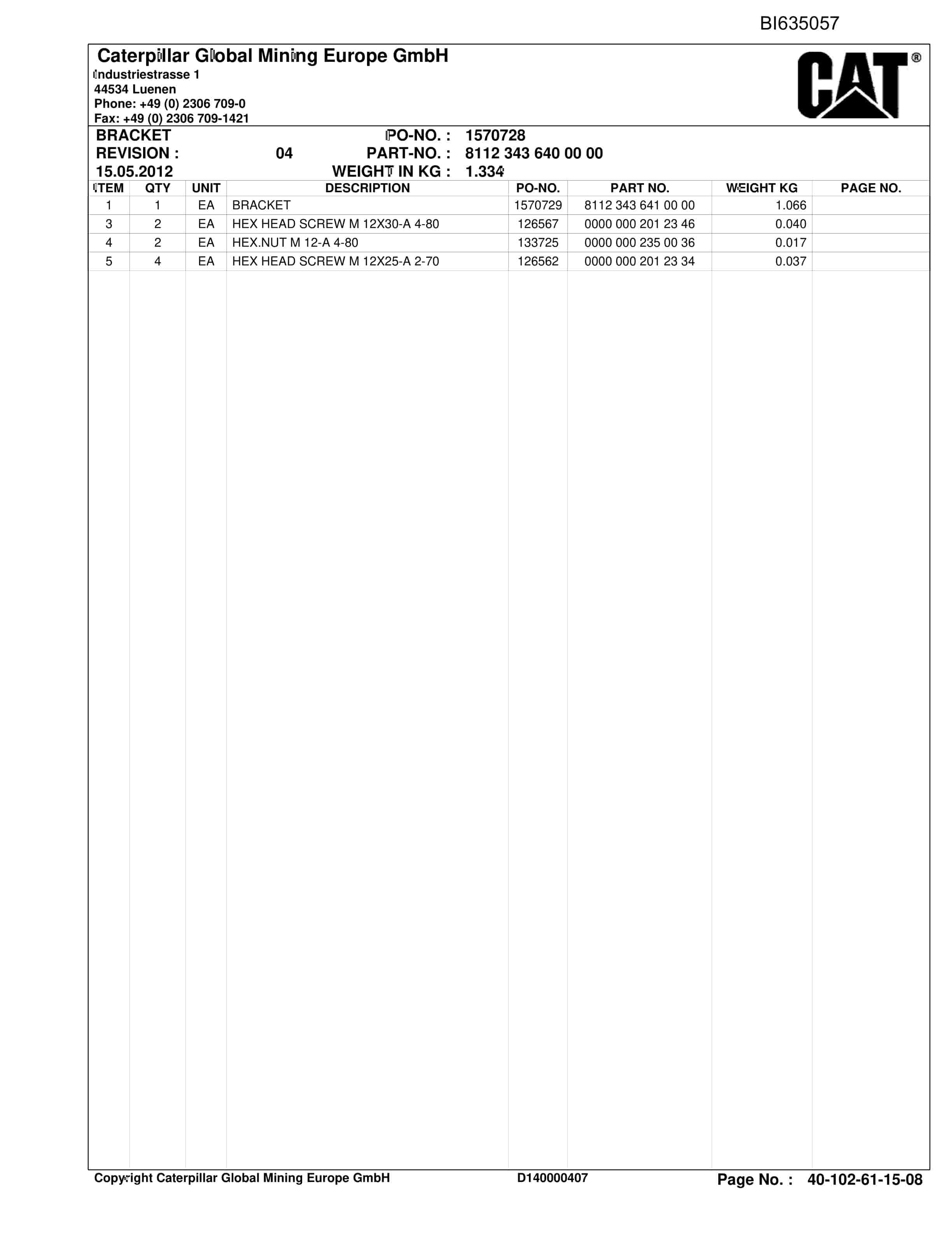 Caterpillar KESTREL Parts Manual BI635057-4