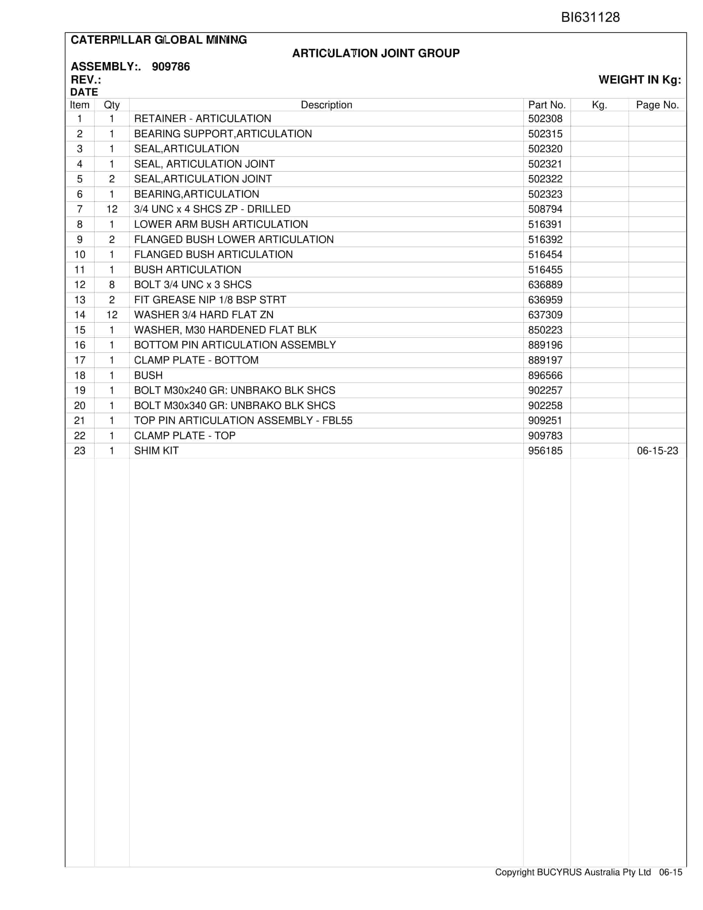 Caterpillar Longwall Haul SH640 D Roof Support Carrier Parts Manual BI631128-5