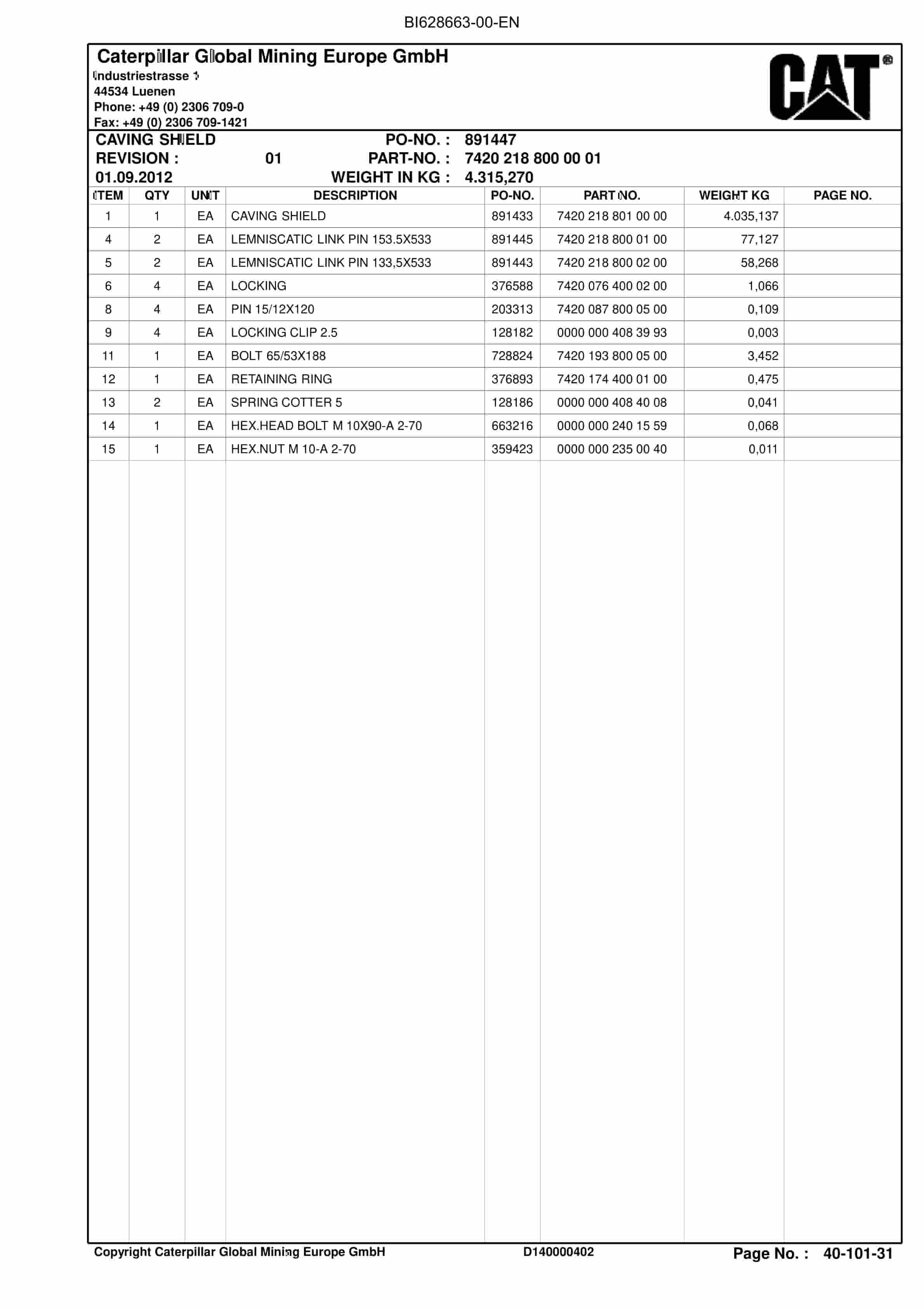 Caterpillar Longwall System Parts Manual BI628663-3