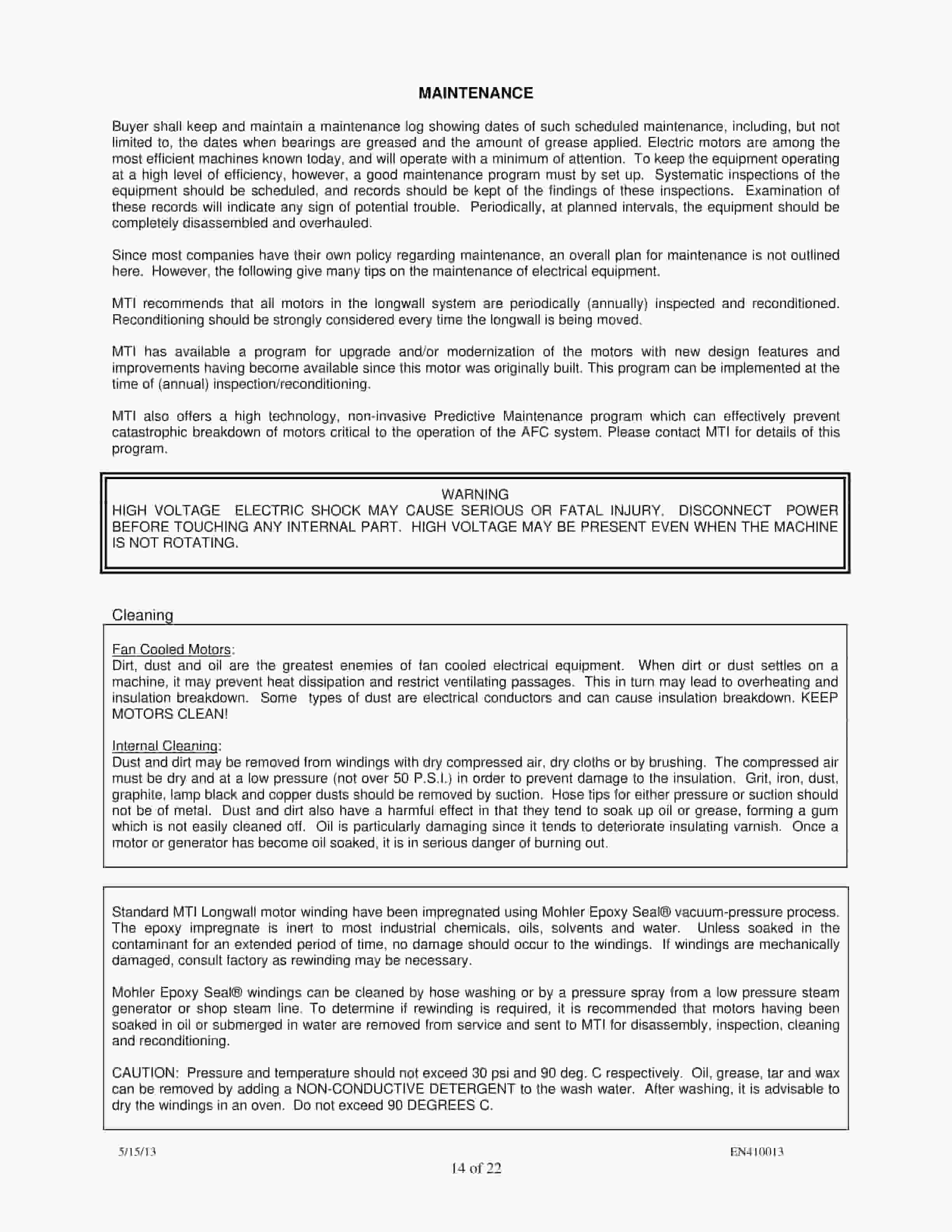 Caterpillar Mohler Motor-500 HP-4160 Voltage Operation And Maintenance Manual BI636342-2