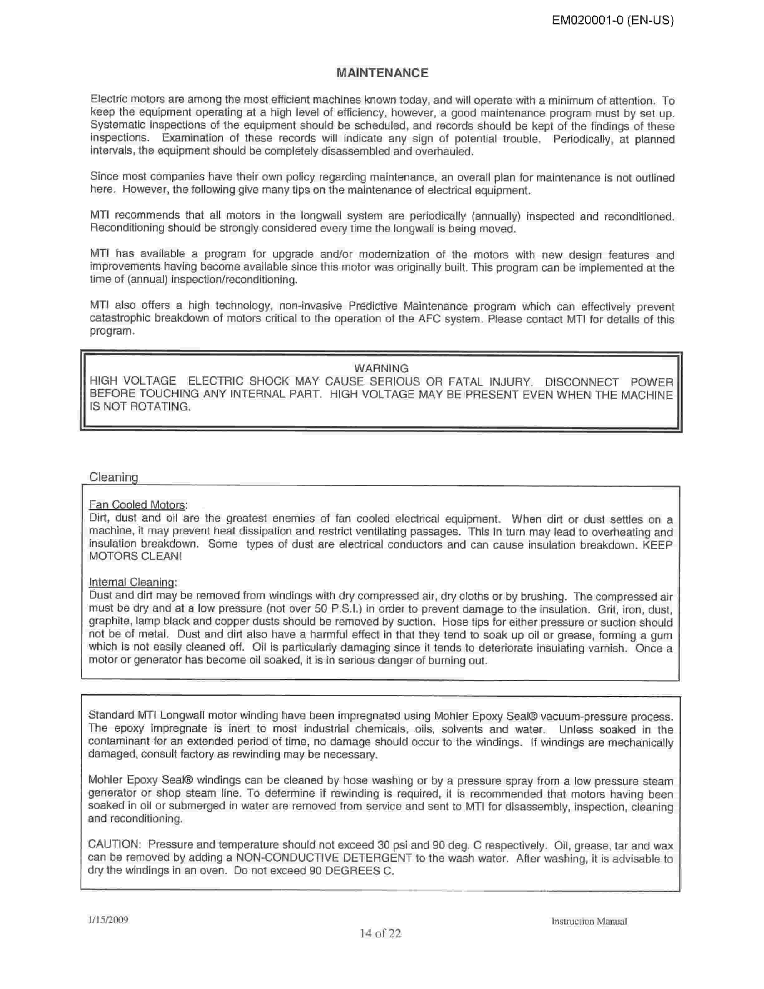 Caterpillar Mohler Motor 500 HP-480 Voltage Operation And Maintenance Manual EM020001-0-2