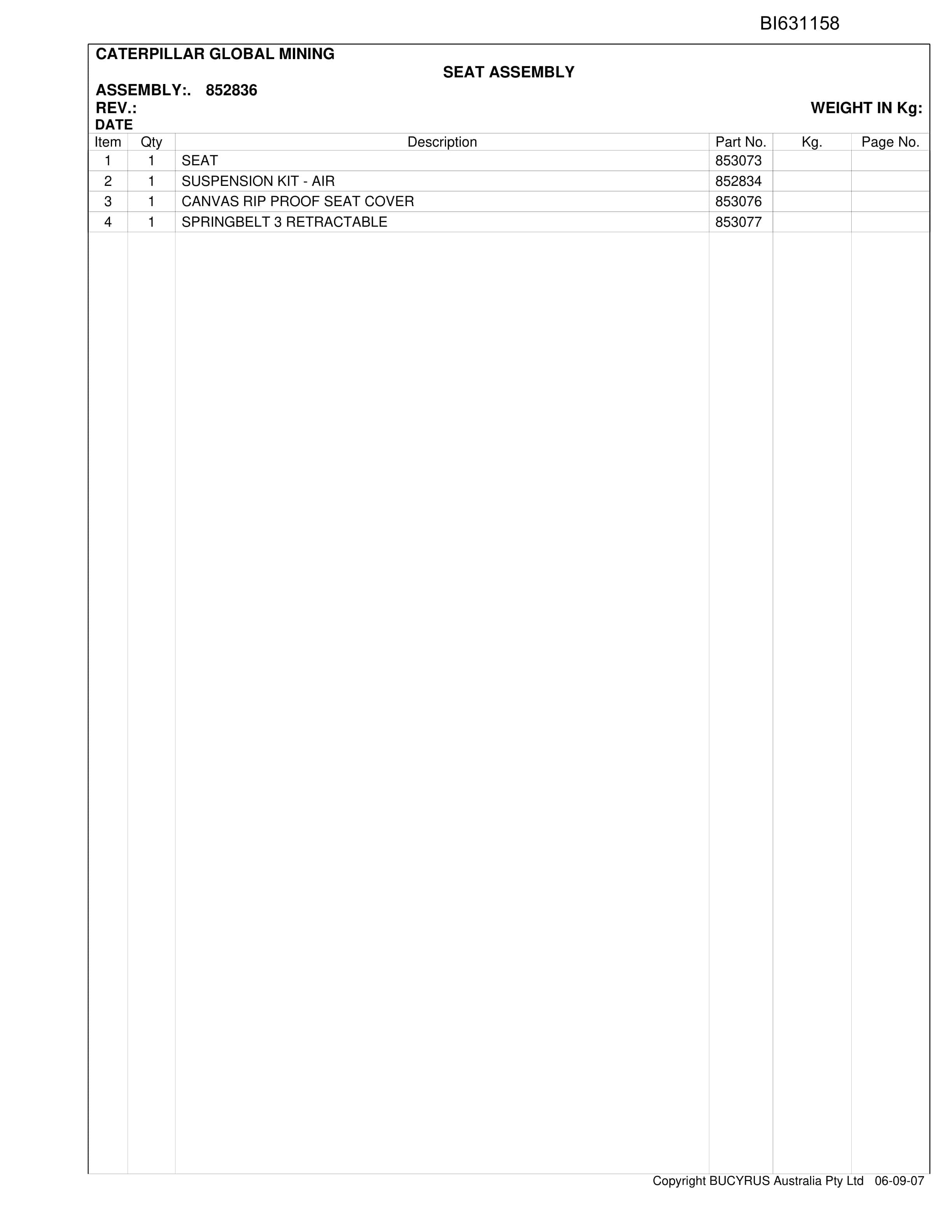 Caterpillar Narrabri SH640 D Roof Support Carrier Parts Manual BI631158-4