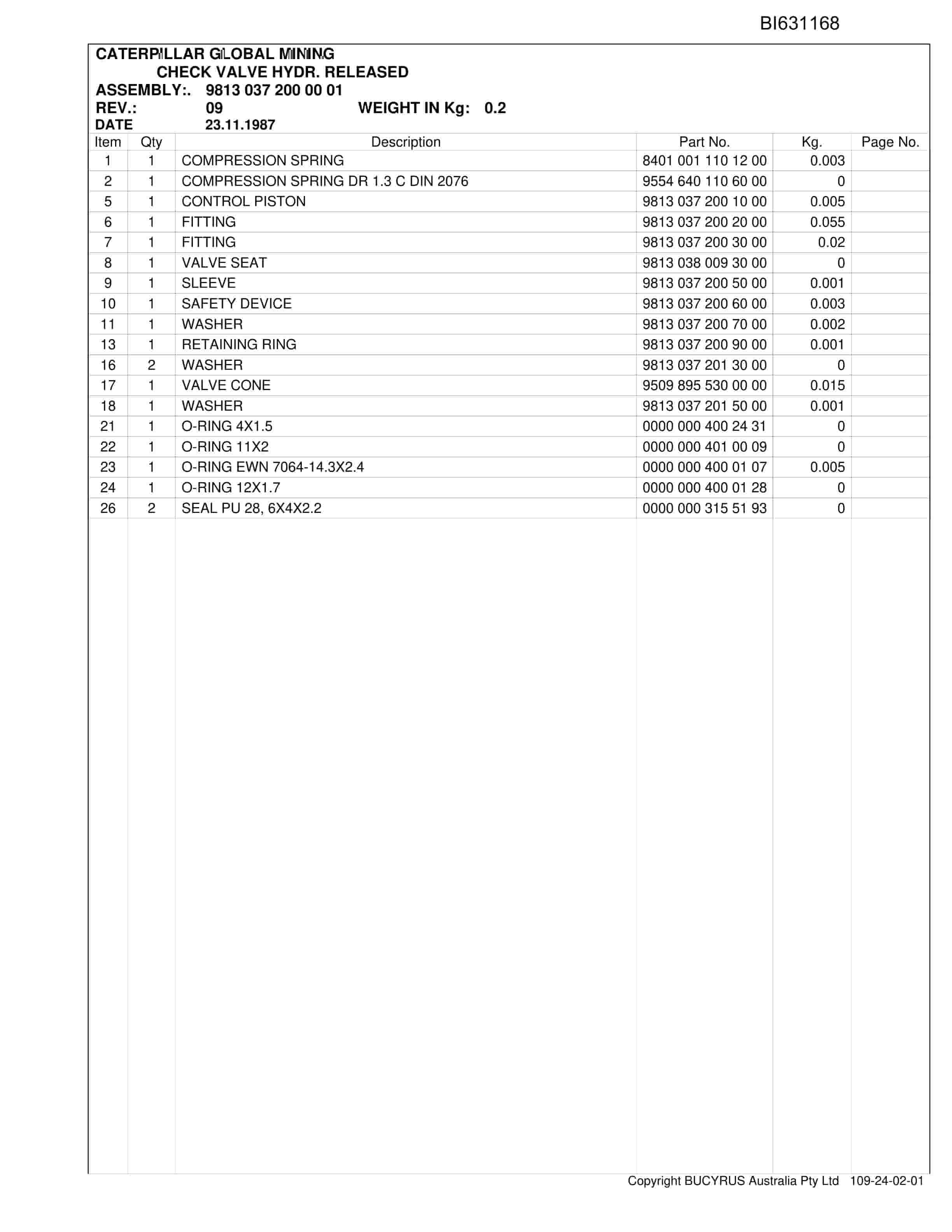 Caterpillar Oaky North Mid Seam Retrofit 2012 Parts Manual BI631168-2