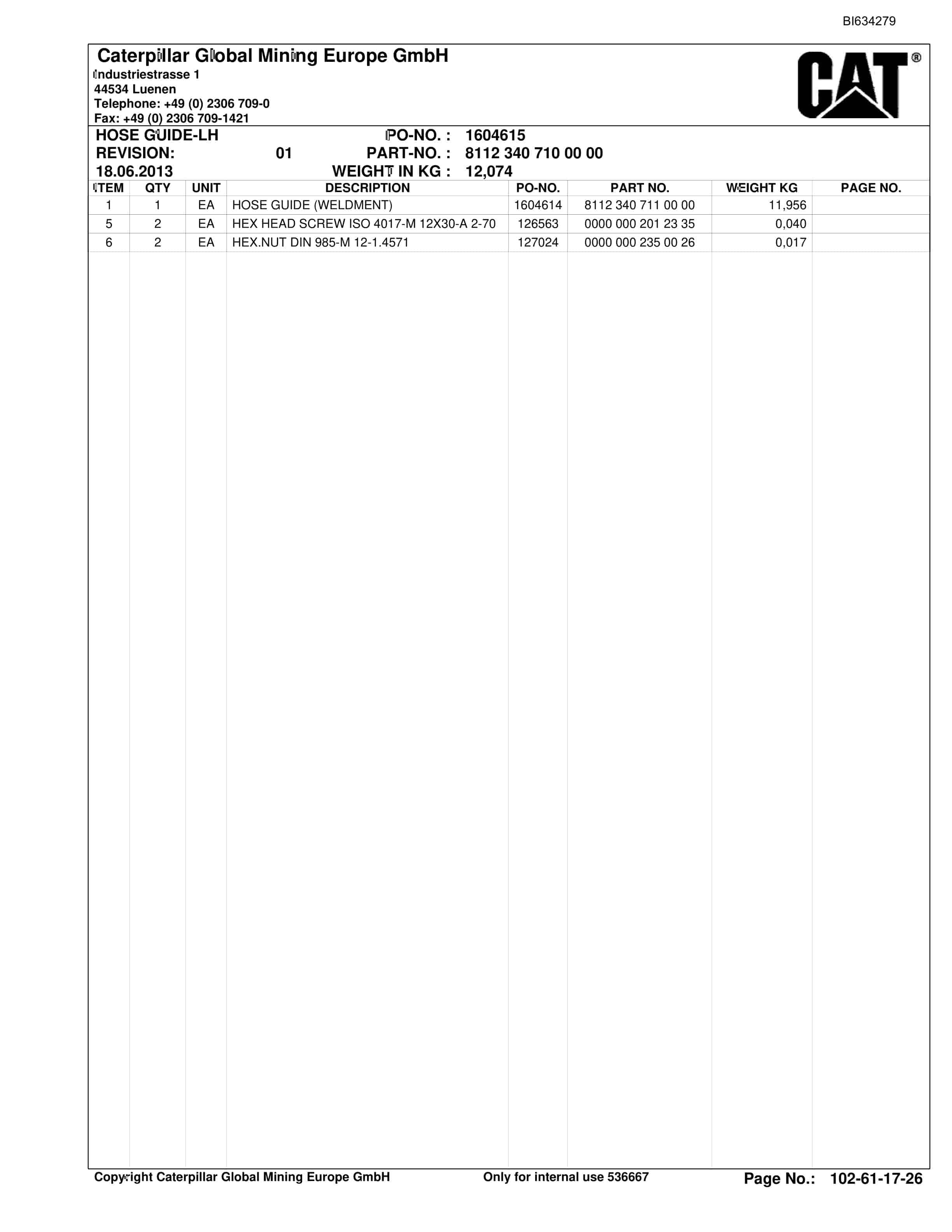 Caterpillar OBJ.AUS.BMA Roof Support A. Accessories Parts Manual BI634279-4
