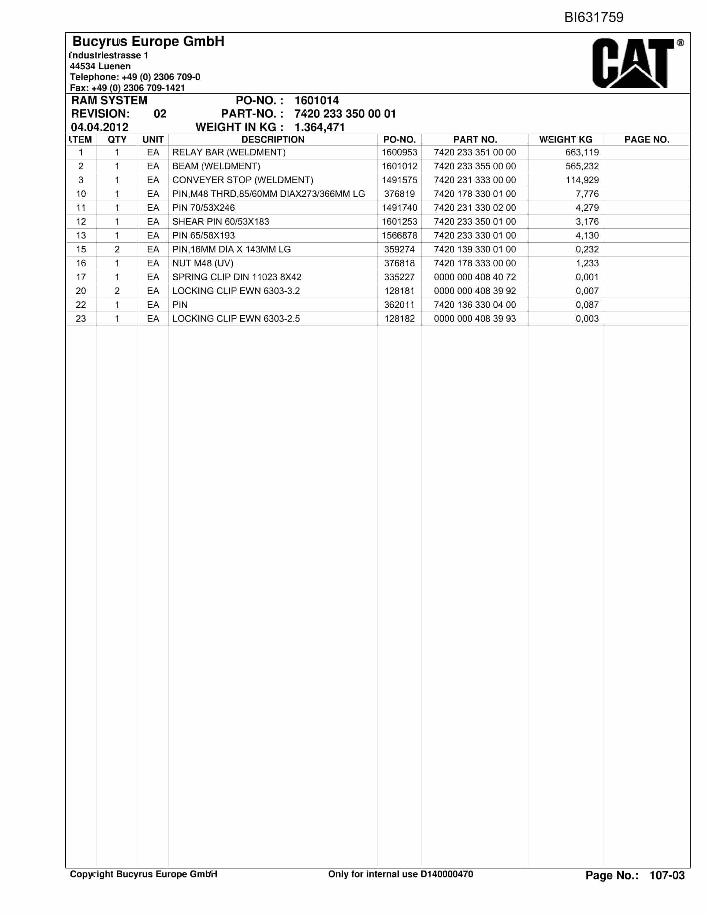 Caterpillar OBJ.AUS.BMA Roof Support Parts Manual BI631759-4