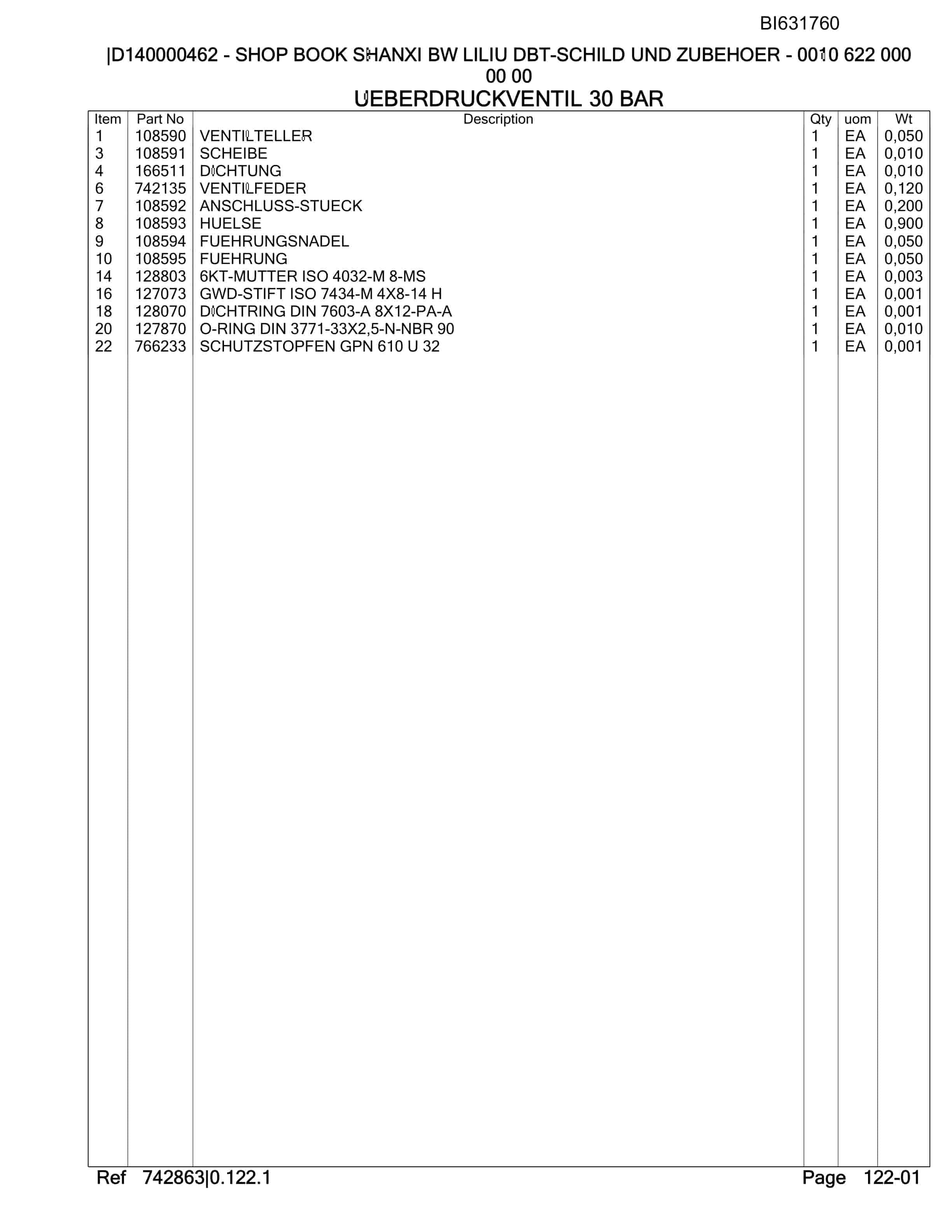 Caterpillar OBJ.CH.SHANXI BW LILIU DBT-Schild U. ZUB Parts Manual BI631760-5