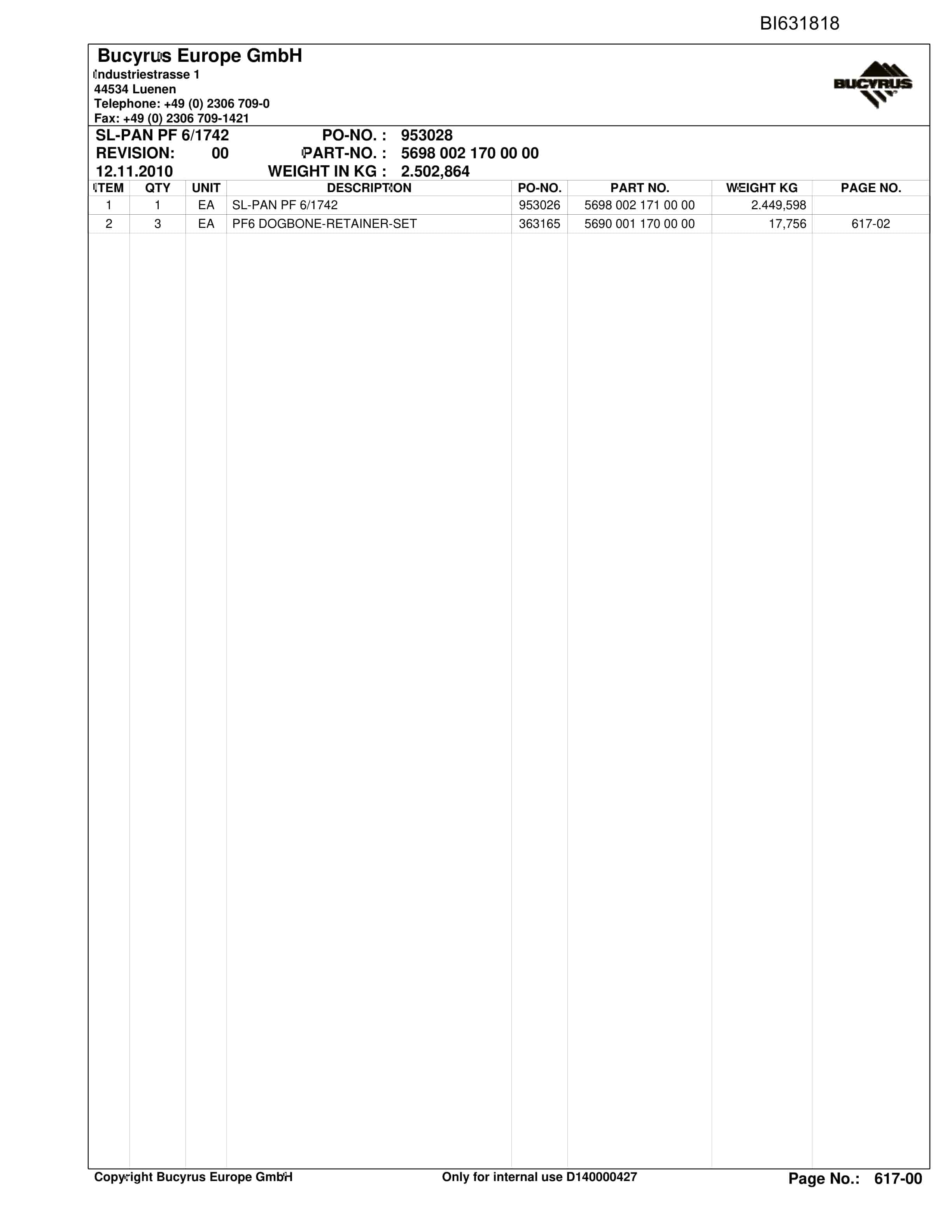 Caterpillar OBJ.CN, Shenhua13, Stage Loader, PF6-1742 Parts Manual BI631818-2