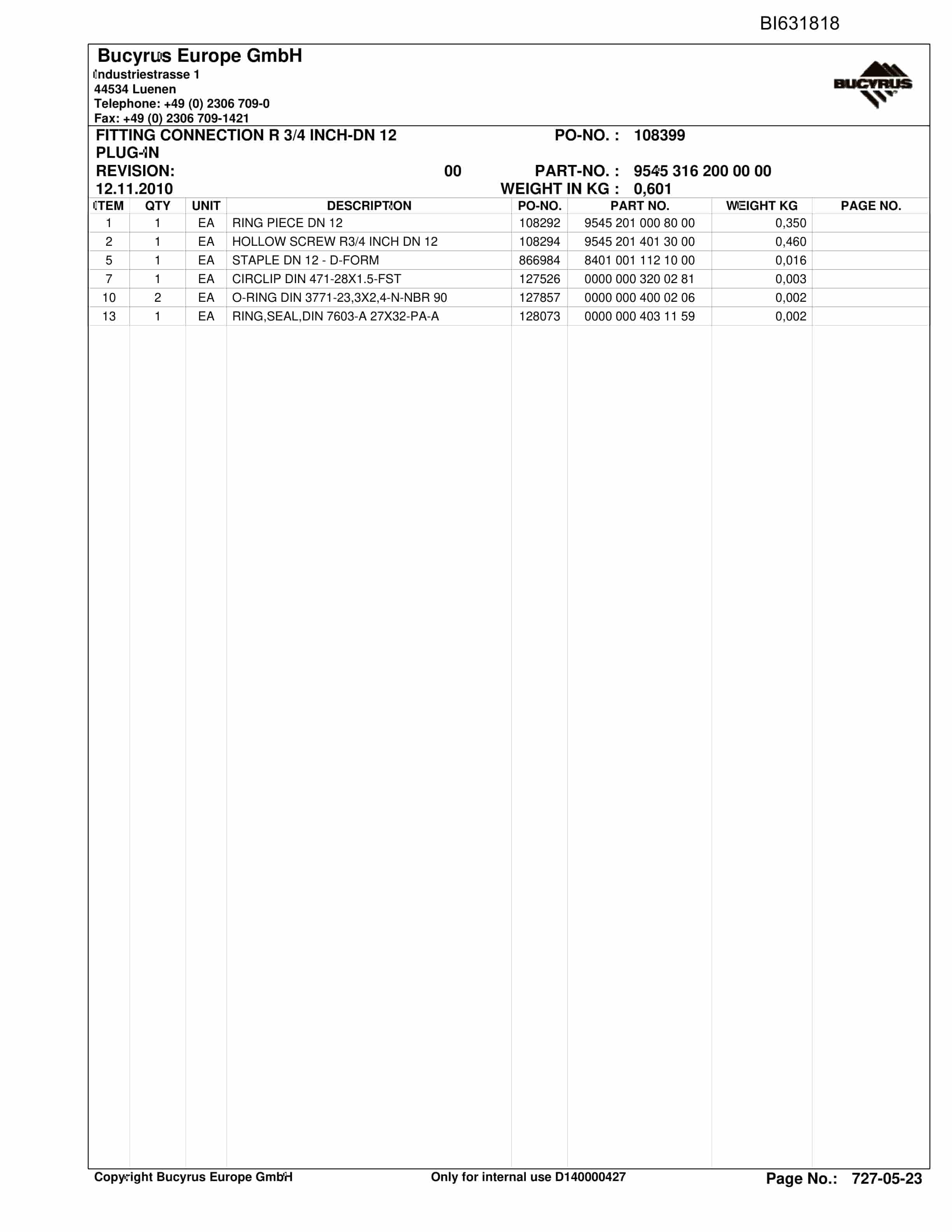 Caterpillar OBJ.CN, Shenhua13, Stage Loader, PF6-1742 Parts Manual BI631818-5