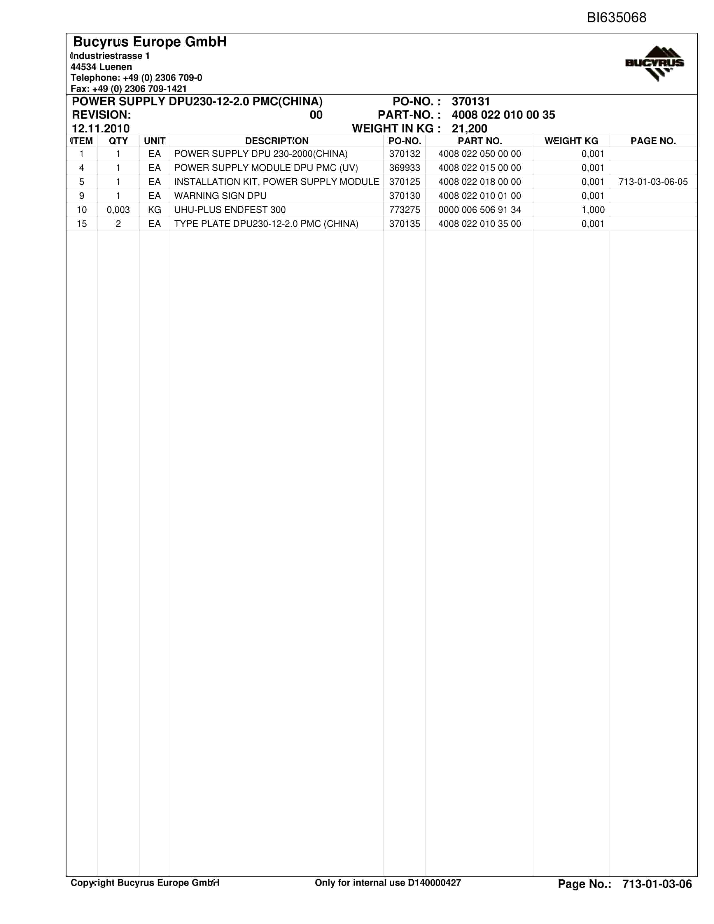 Caterpillar OBJ.CN, SHENHUA13, Stage Loader, PF6-1742 Parts Manual BI635068-3