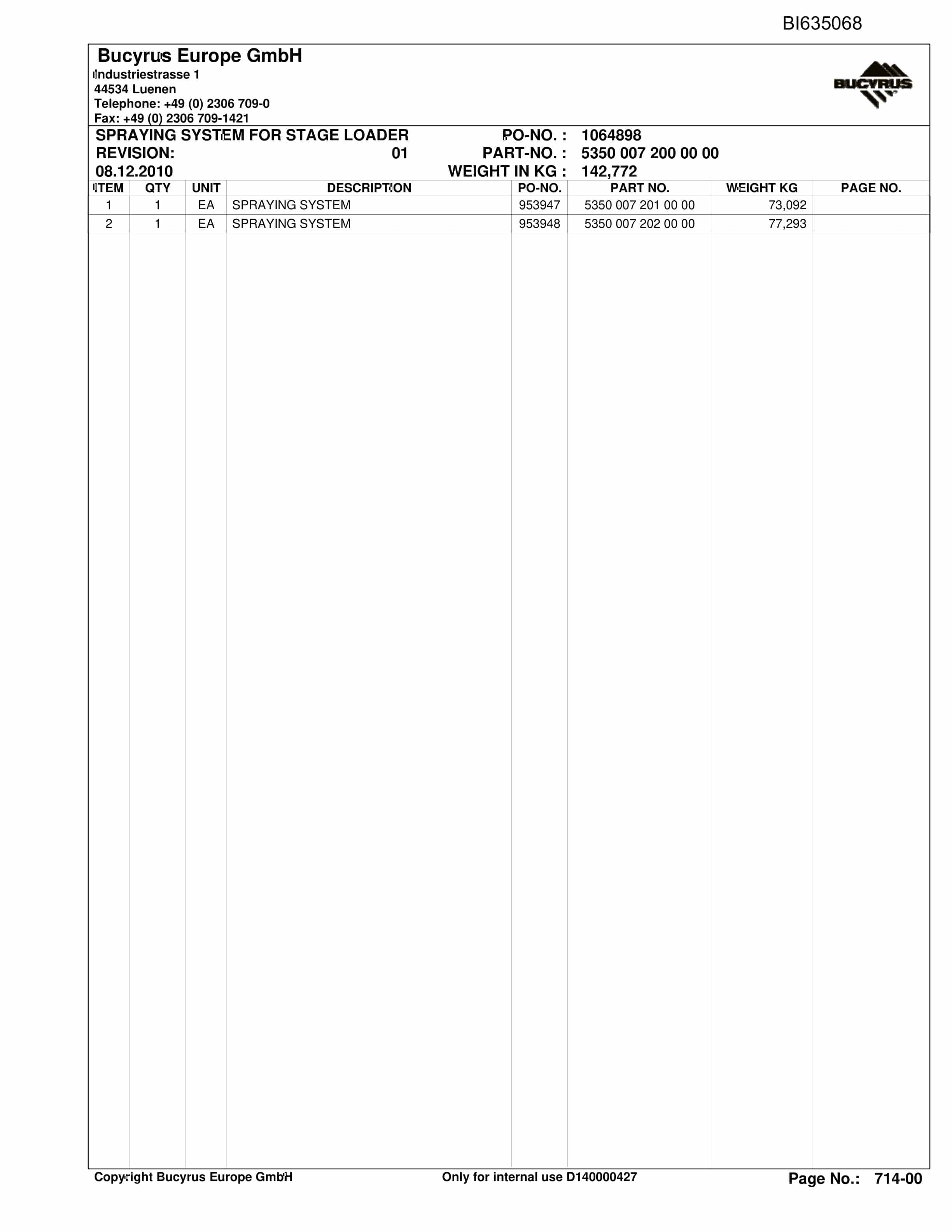 Caterpillar OBJ.CN, SHENHUA13, Stage Loader, PF6-1742 Parts Manual BI635068-4