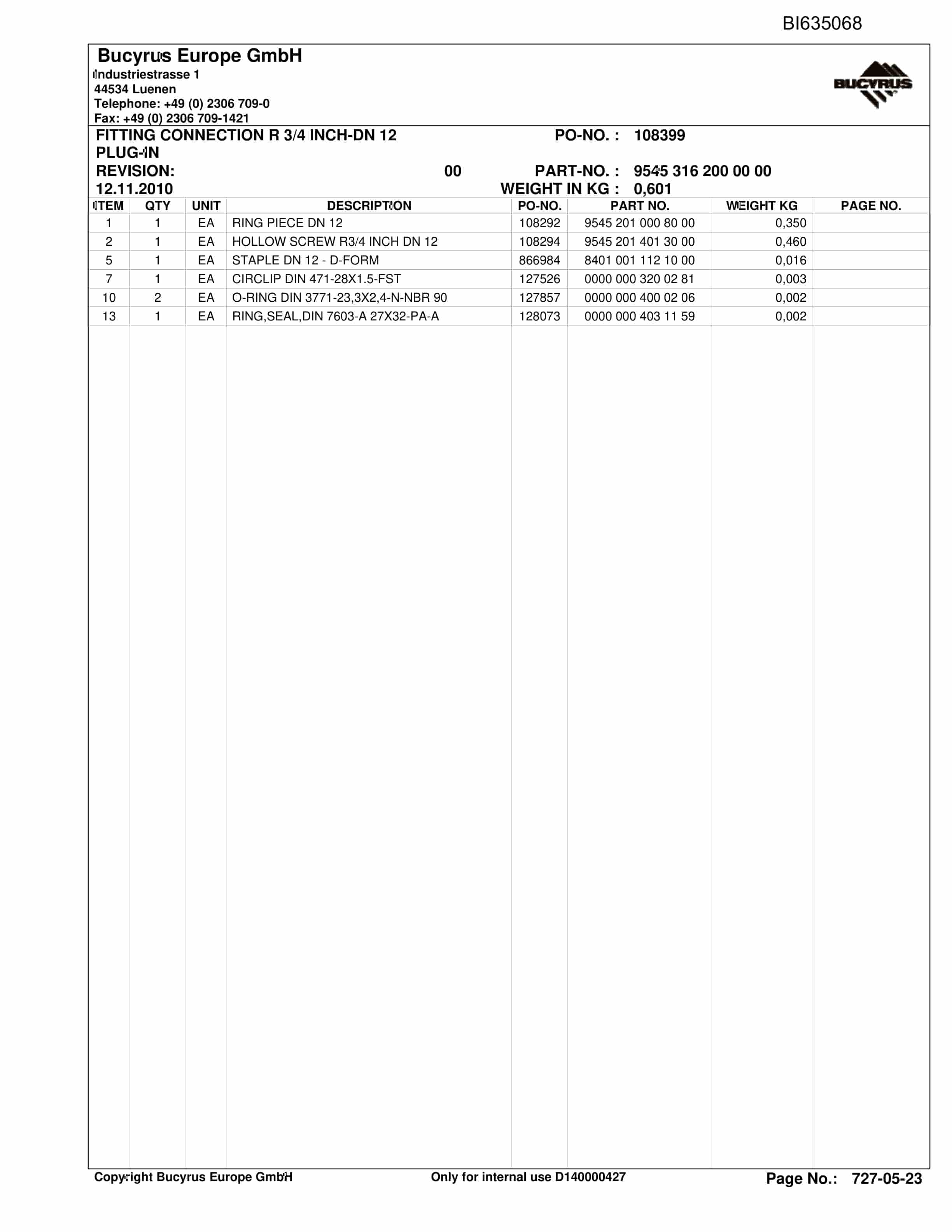 Caterpillar OBJ.CN, SHENHUA13, Stage Loader, PF6-1742 Parts Manual BI635068-5