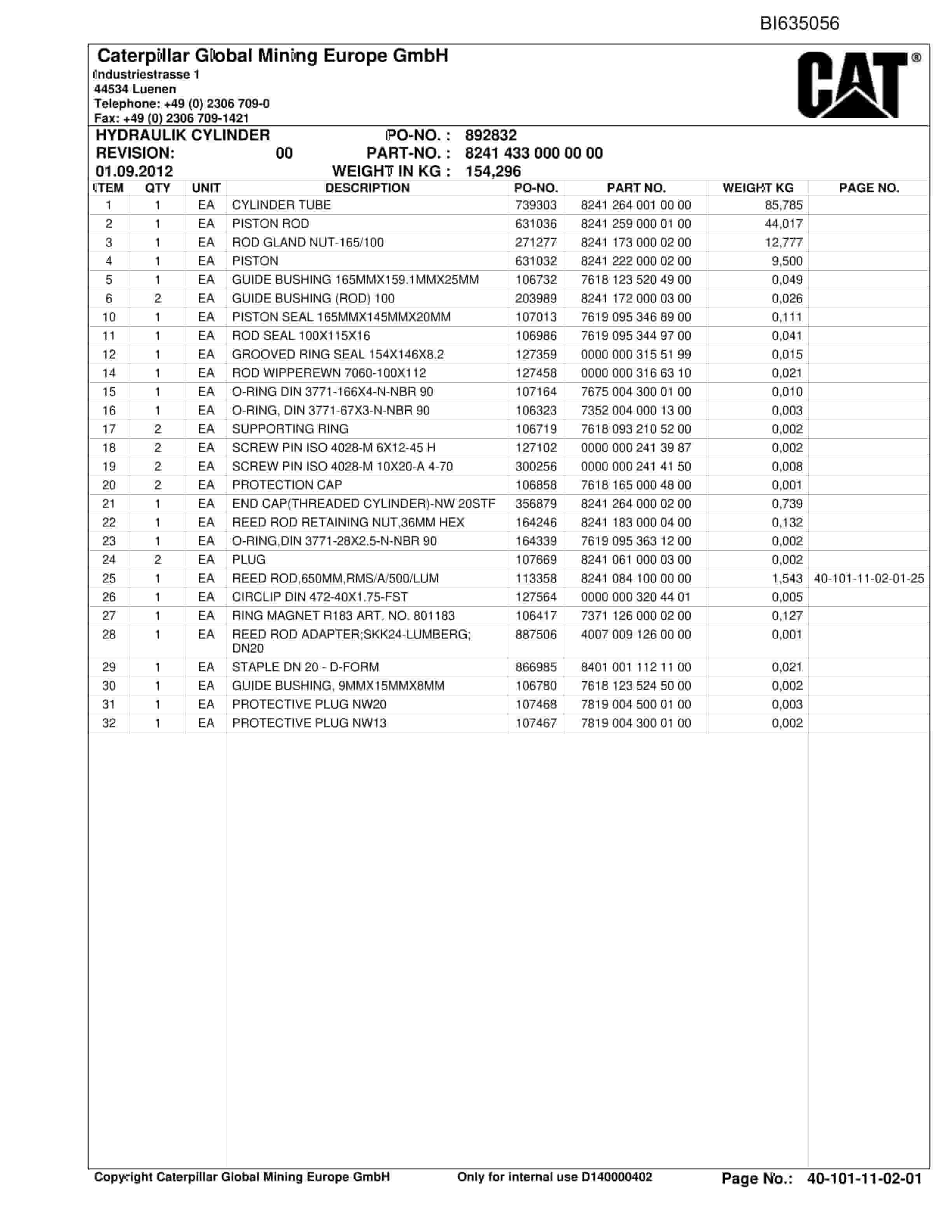 Caterpillar OBJ.IN.ADRRIYALA Shearer, COMPLETE SYST Parts Manual BI635056-3