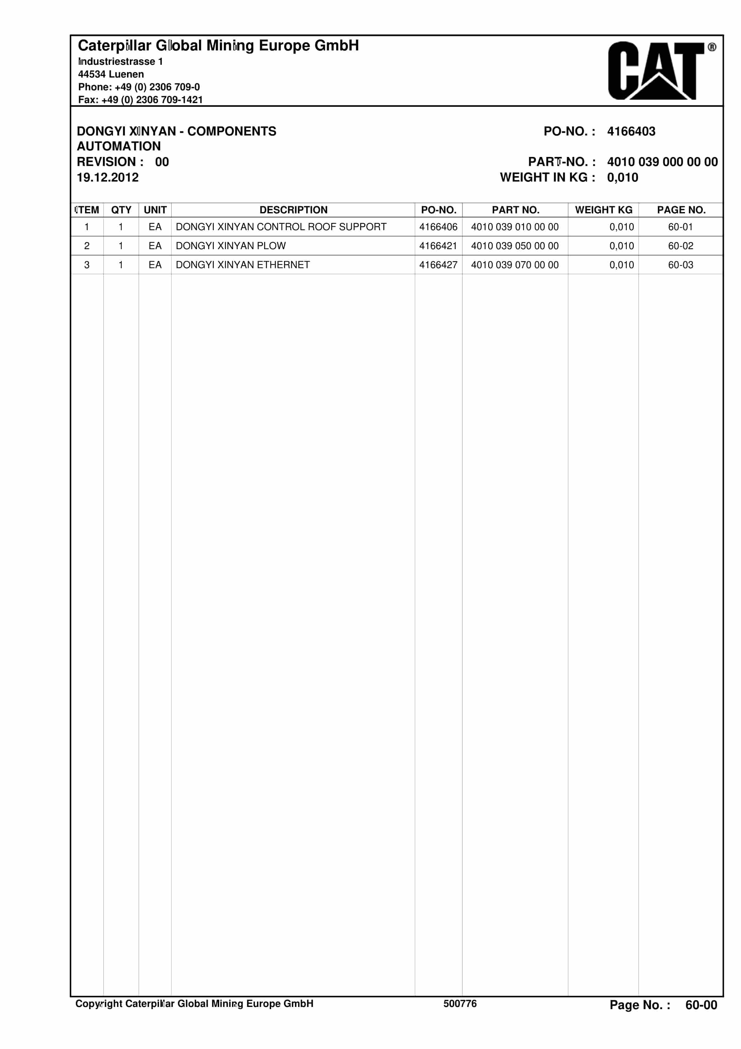 Caterpillar Plow System Spare Parts List BI628364-5