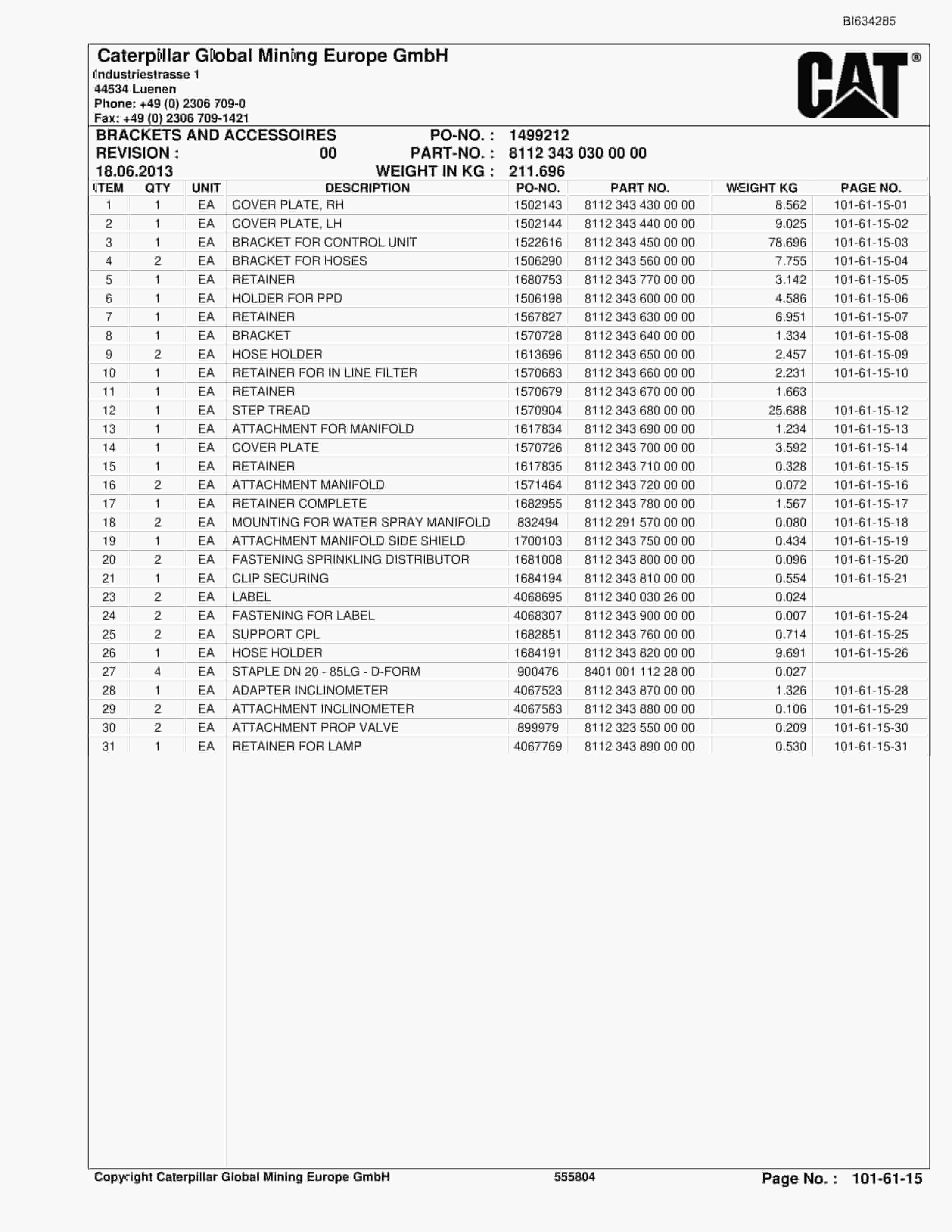 Caterpillar Roof Support KESTREL Face Extension Parts Manual BI634285-2