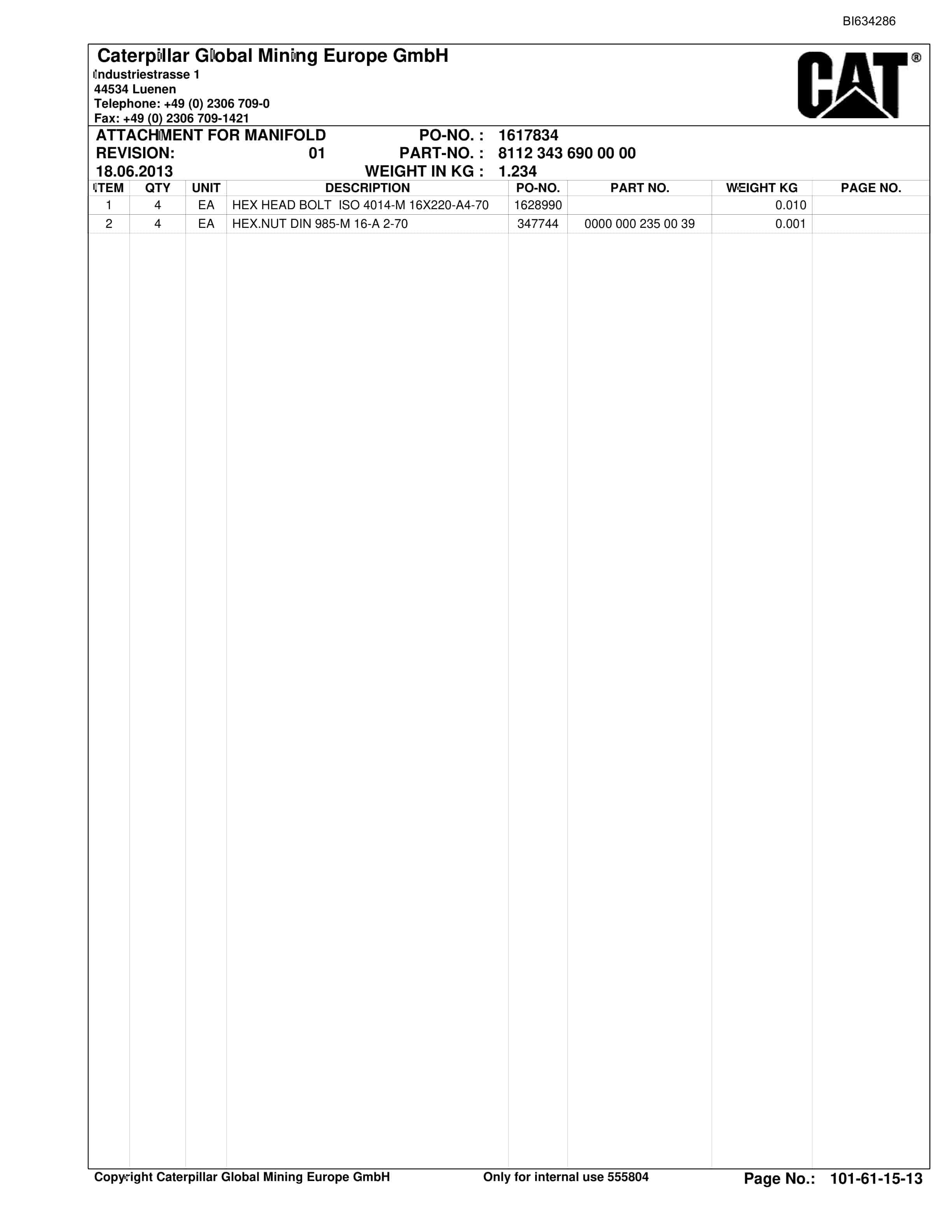 Caterpillar Roof Support KESTREL Face Extension Parts Manual BI634286-3