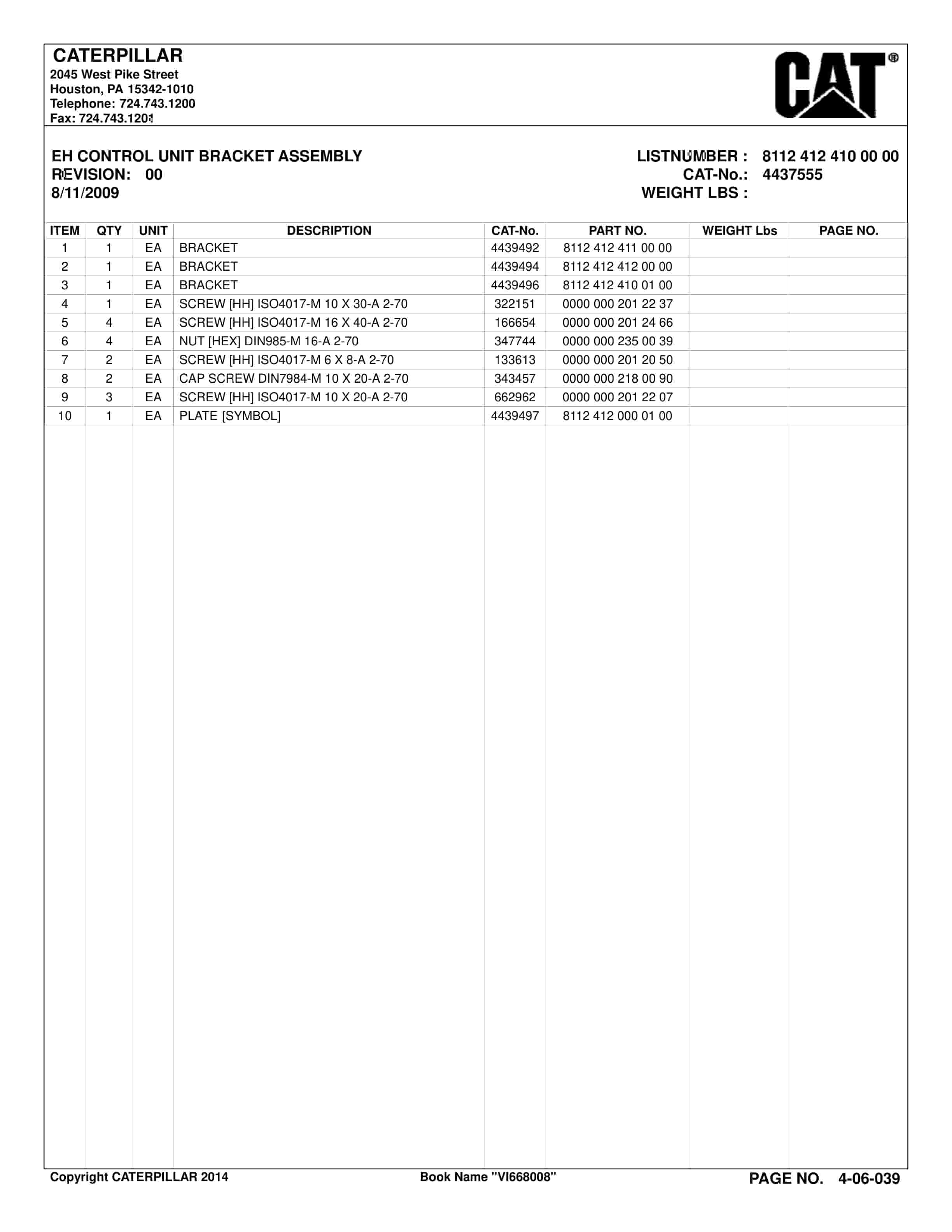 Caterpillar Roof Supports Parts Catalog BI636388-5
