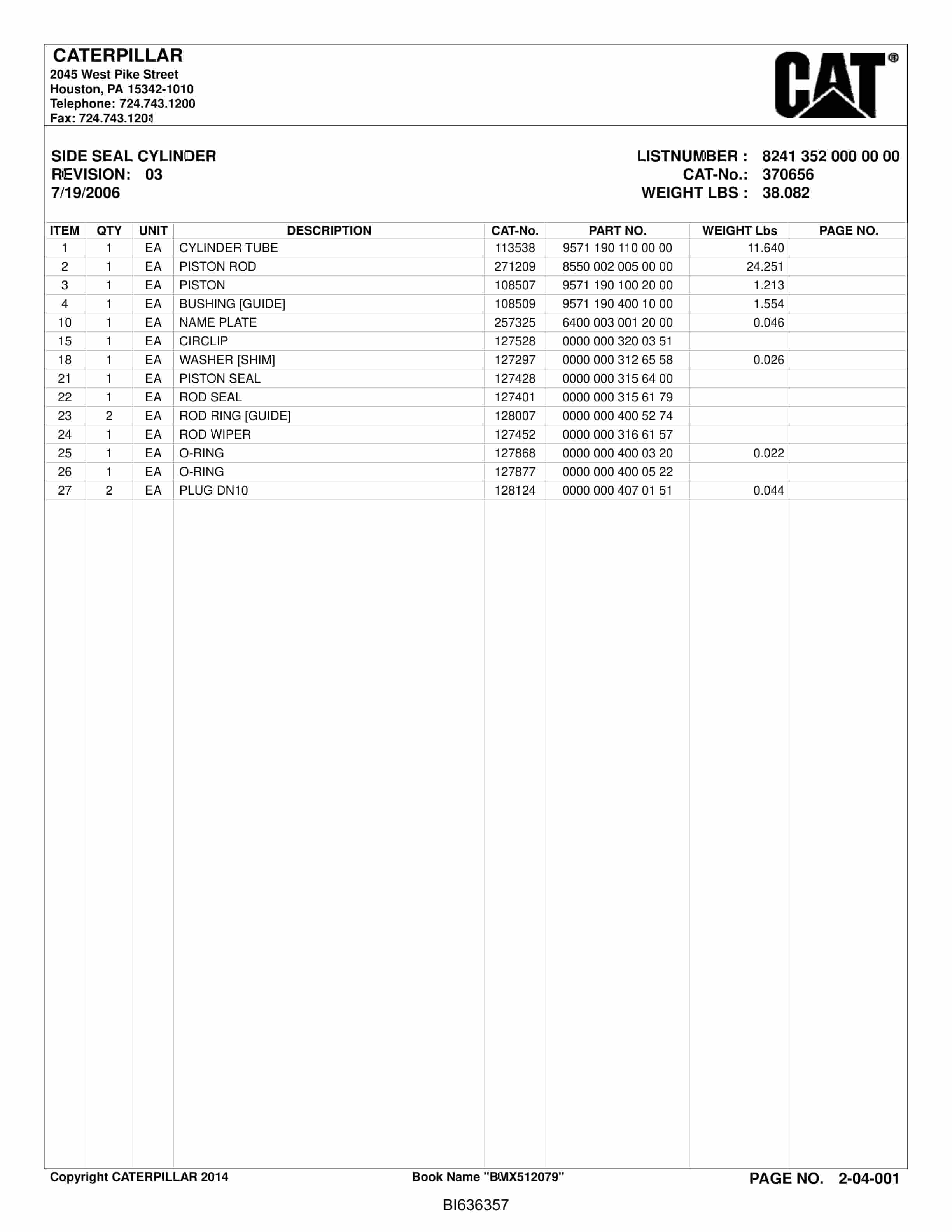 Caterpillar Roof Supports Parts Manual BI636357-2