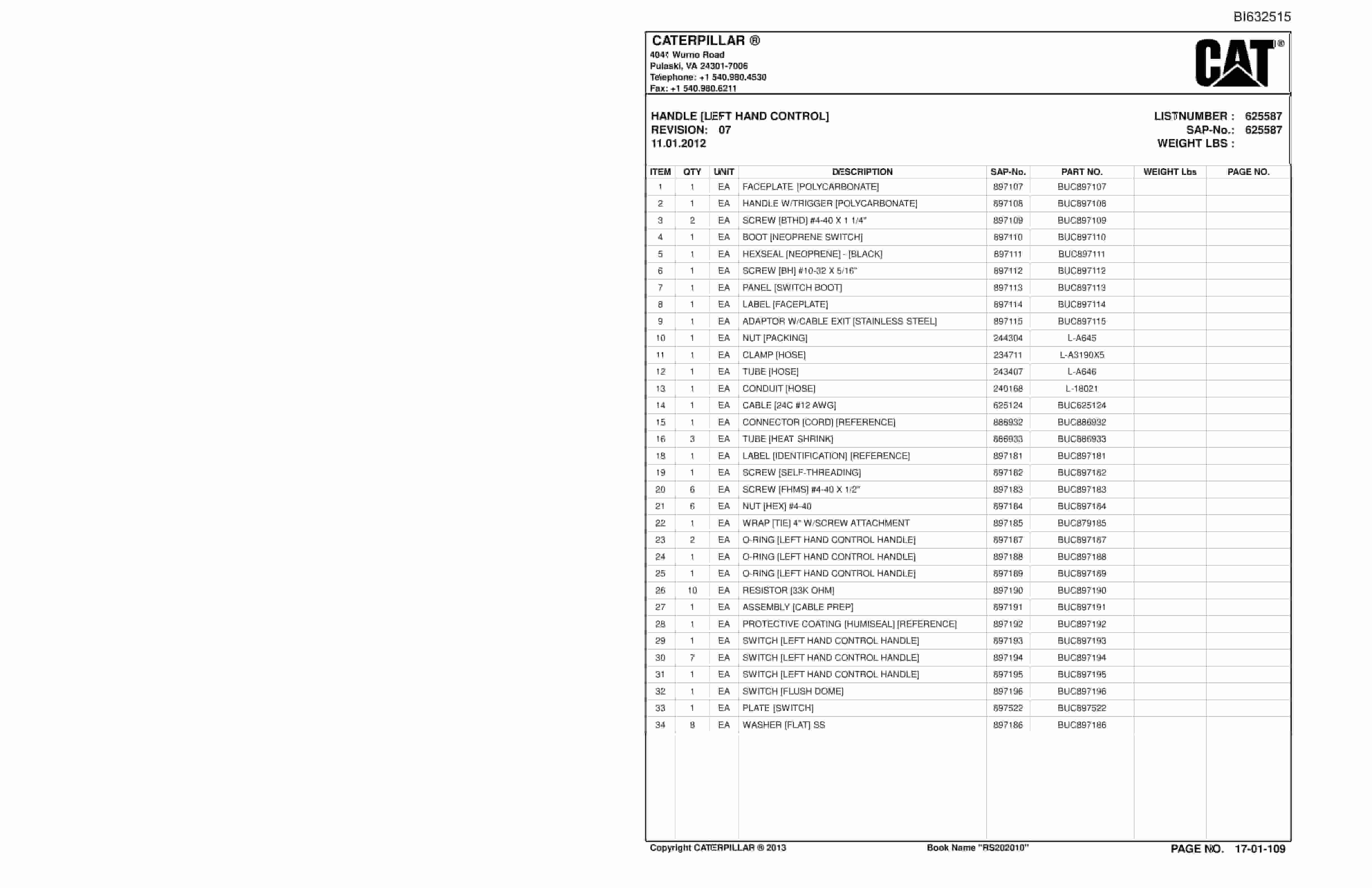 Caterpillar SH620 Roof Support Carrier Parts And Service Manual BI632515-2