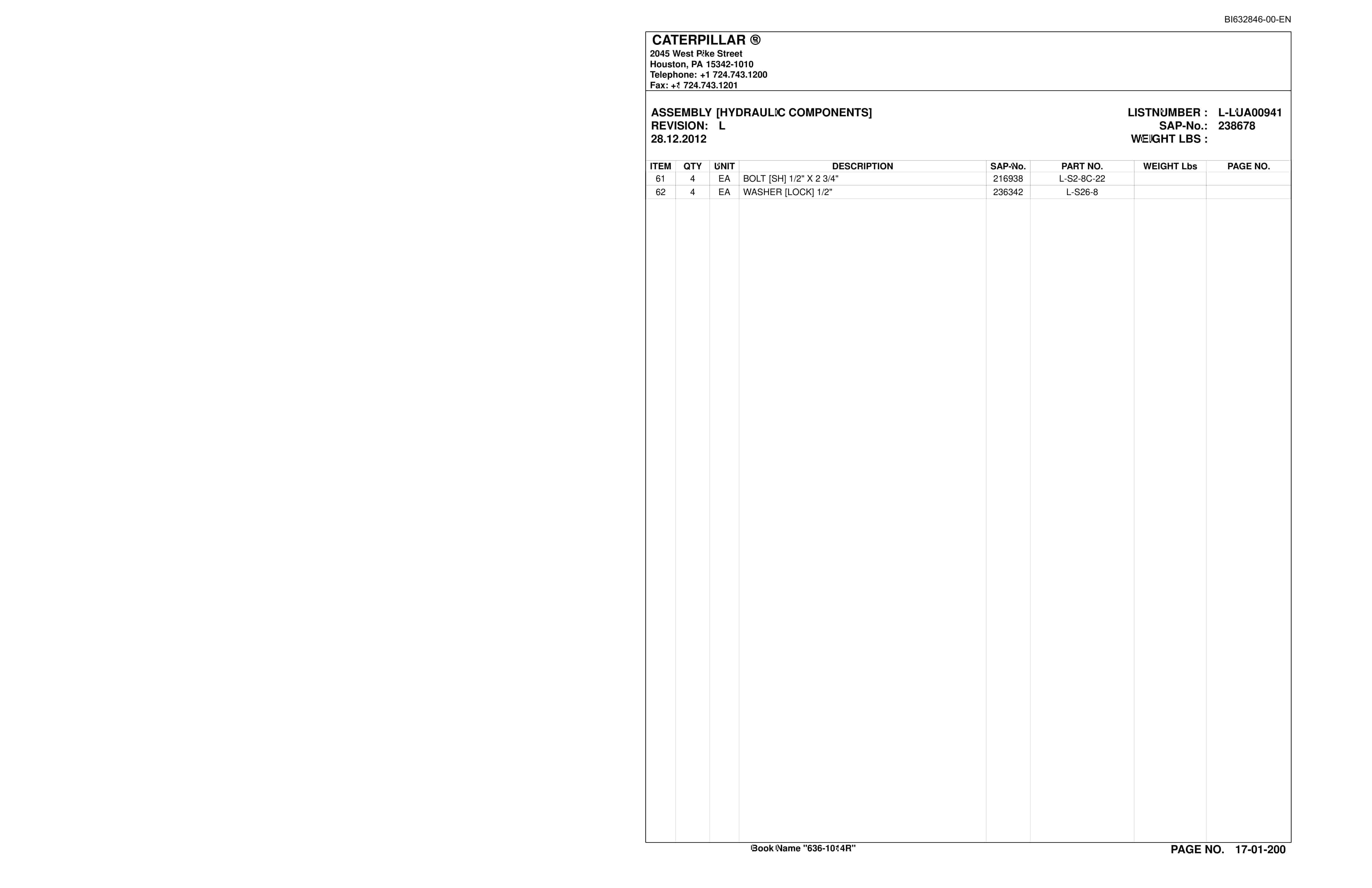 Caterpillar SH630 Roof Support Carrier Parts And Service Manual BI632846-4