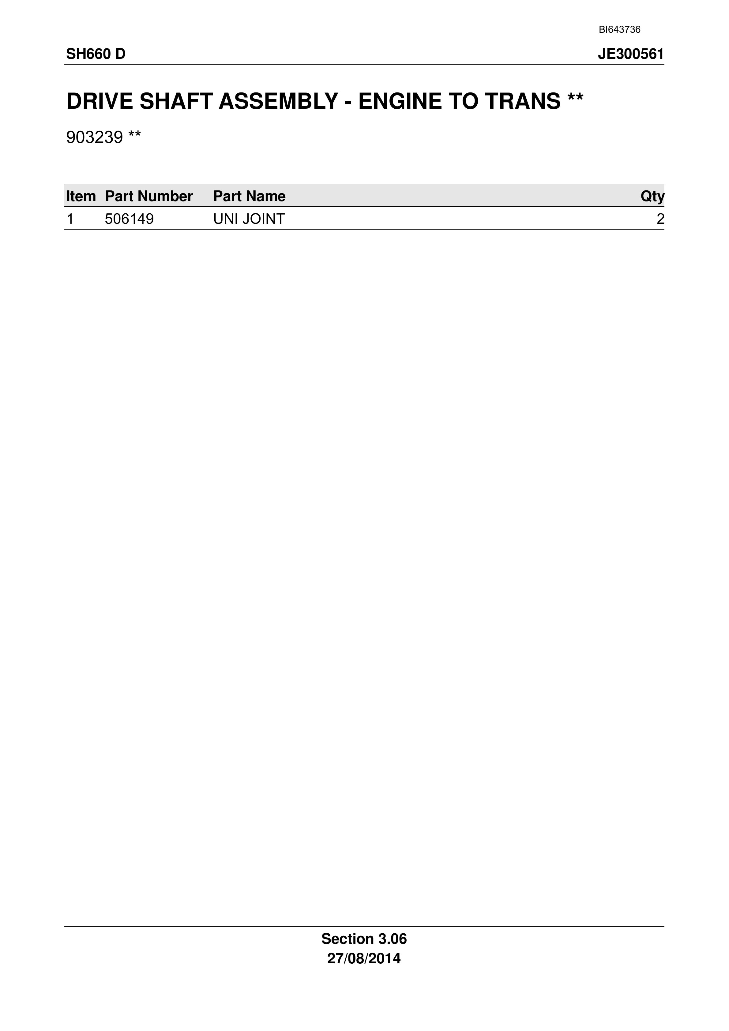 Caterpillar SH660 D Roof Support Carrier Parts Manual BI643736-2