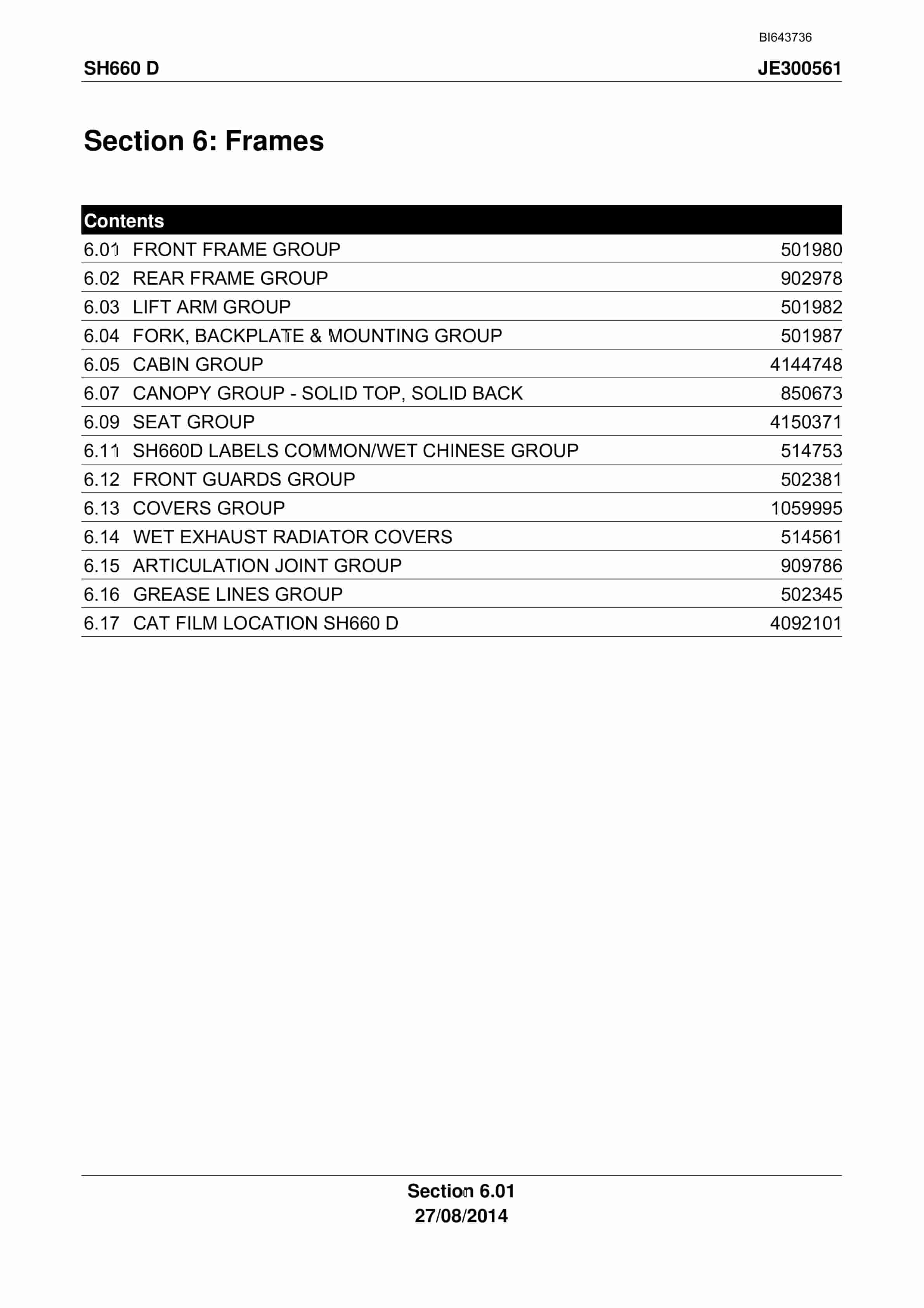 Caterpillar SH660 D Roof Support Carrier Parts Manual BI643736-5