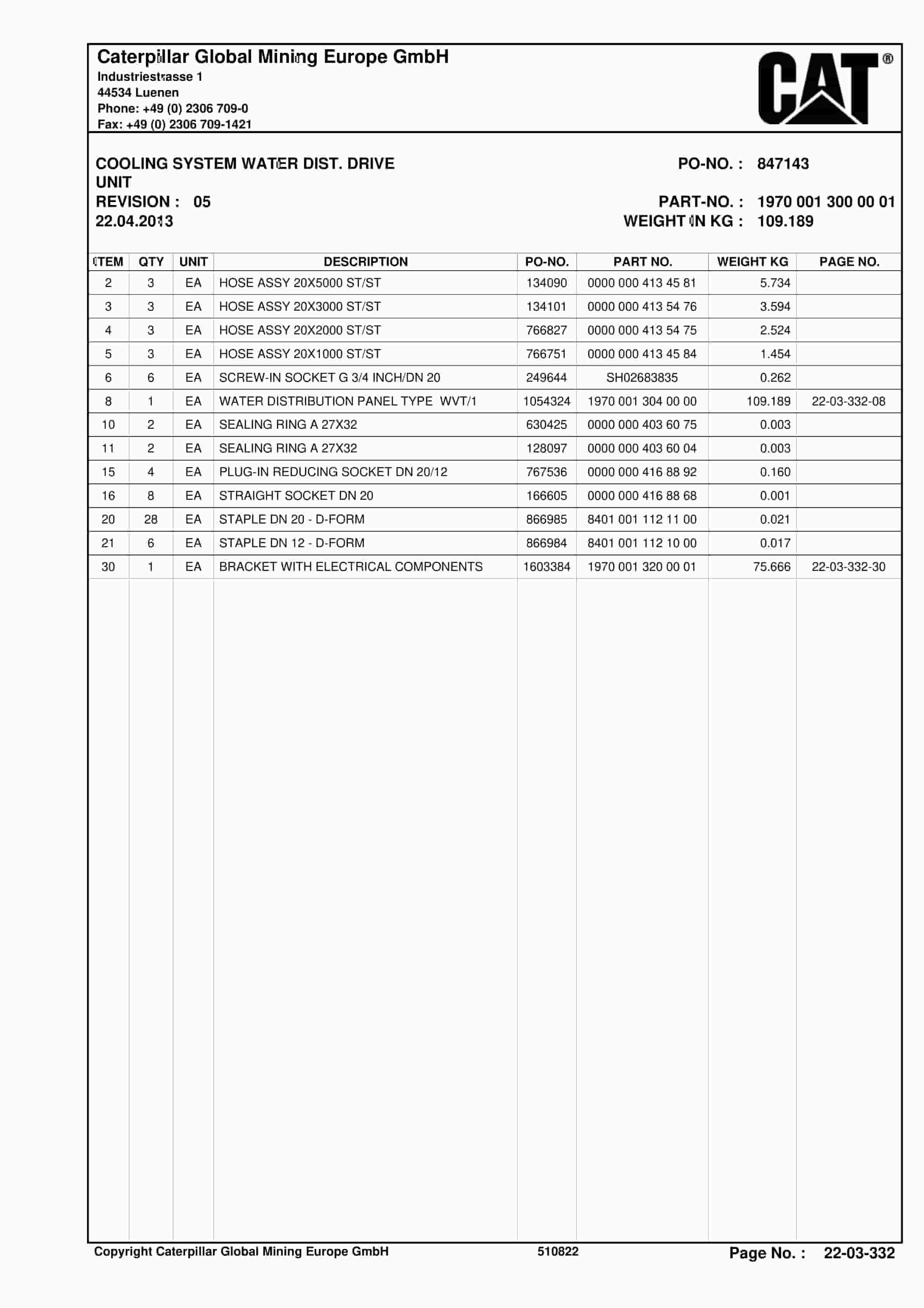 Caterpillar Shearer System Spare Parts List BI628361-3