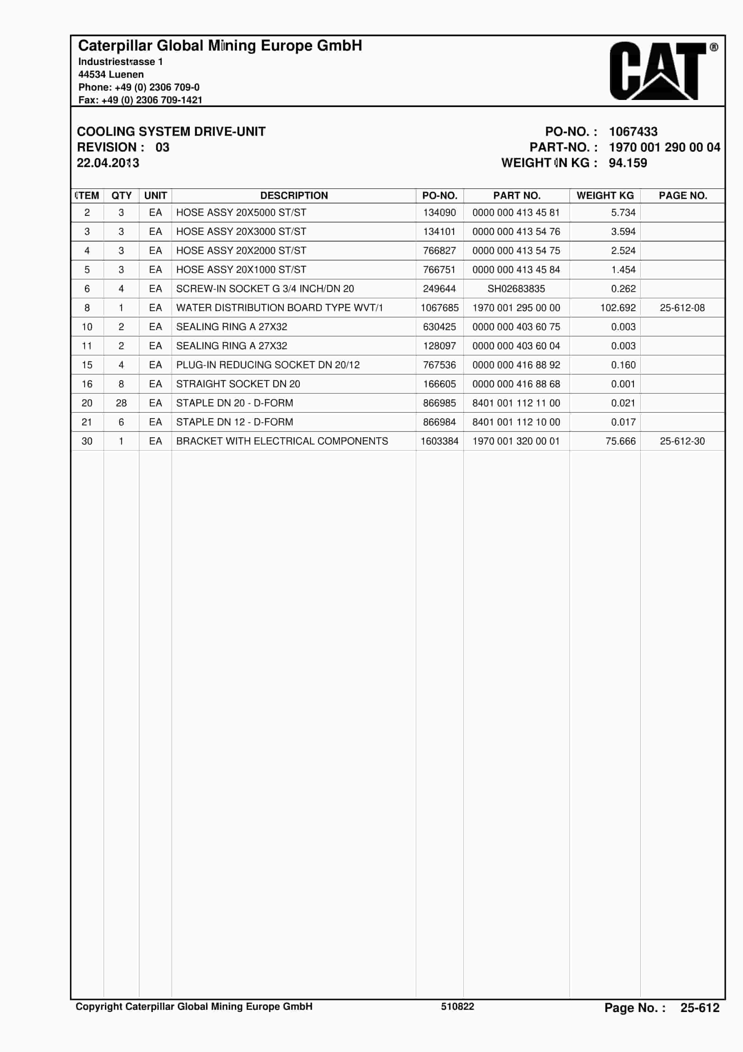 Caterpillar Shearer System Spare Parts List BI628361-4