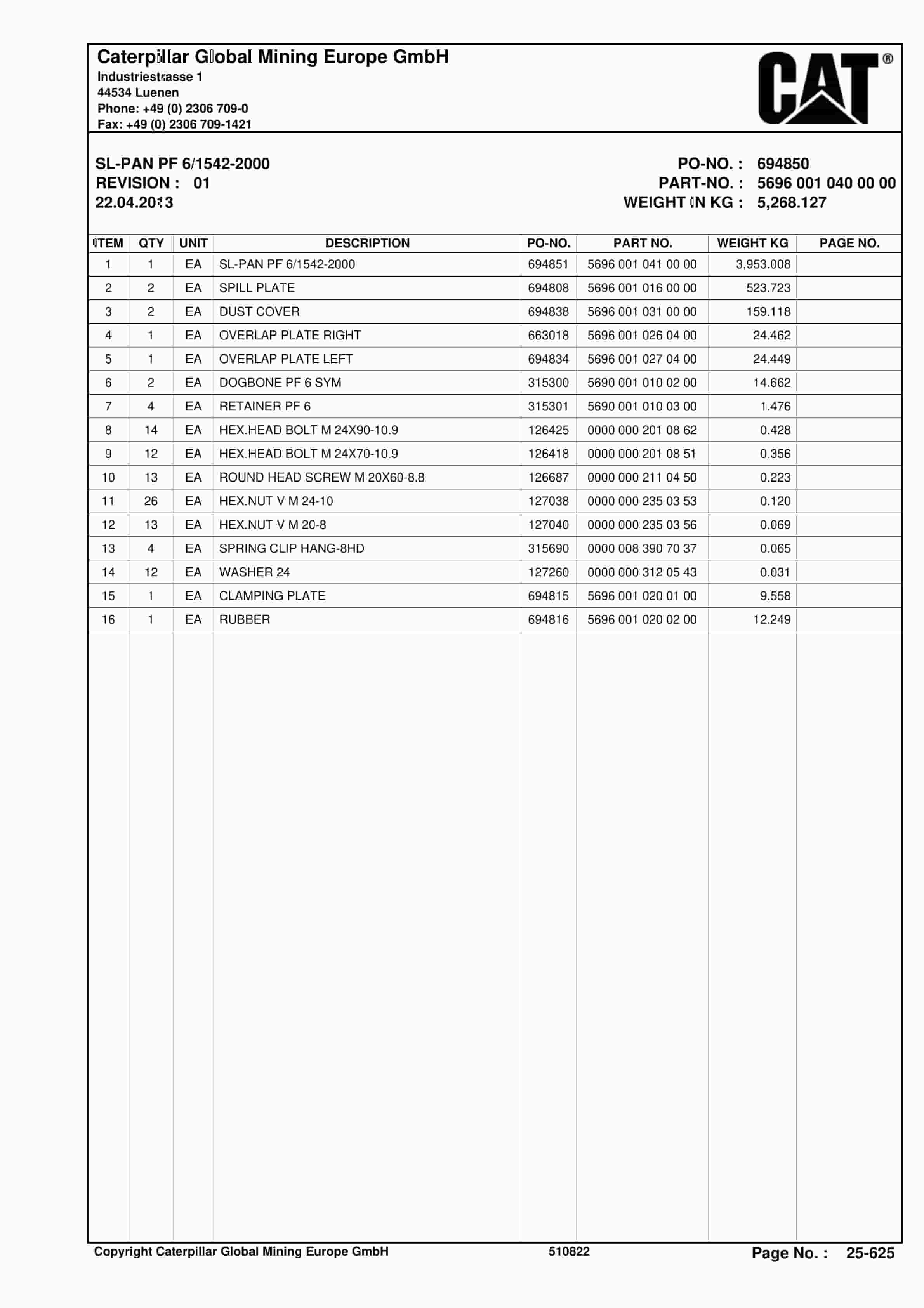 Caterpillar Shearer System Spare Parts List BI628361-5