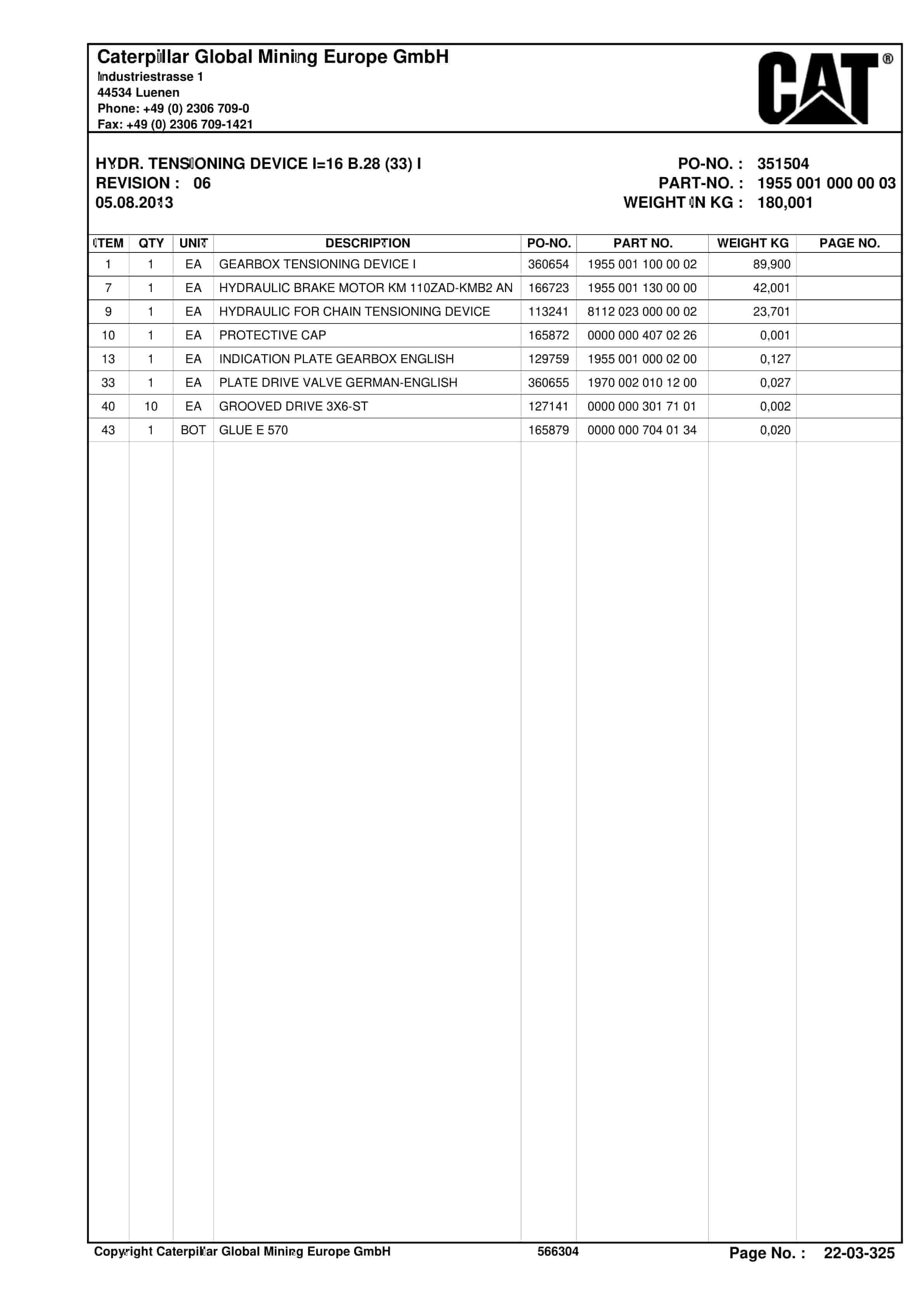 Caterpillar Shearer System Spare Parts List BI628445-3