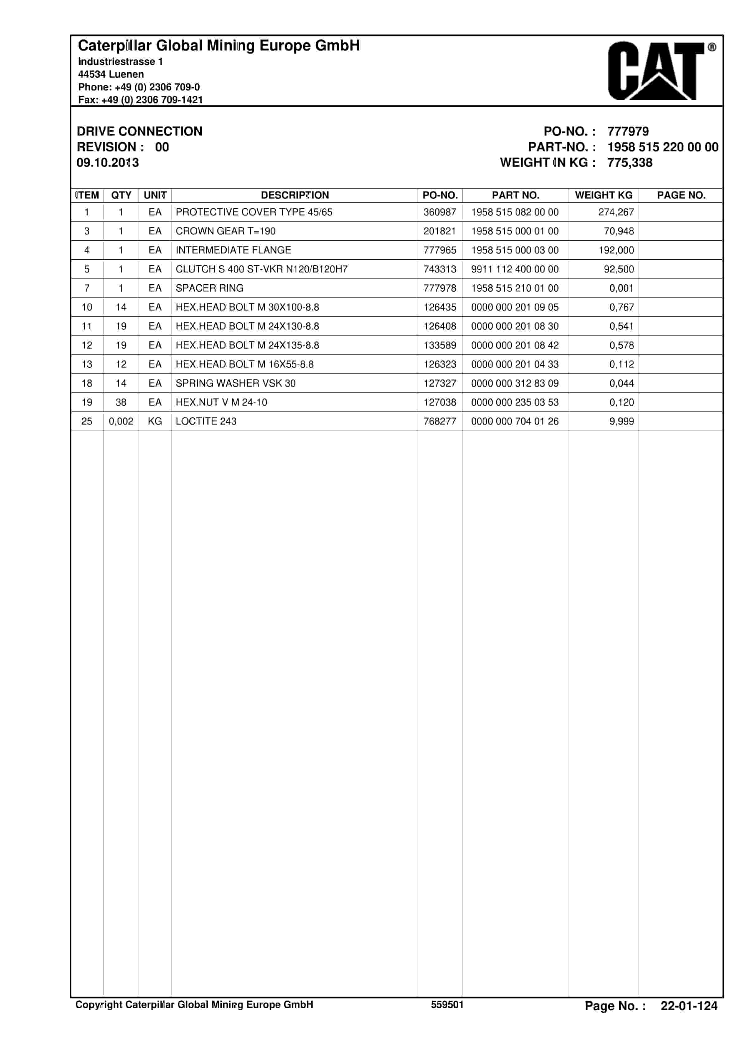 Caterpillar Shearer System Spare Parts List BI628450-2