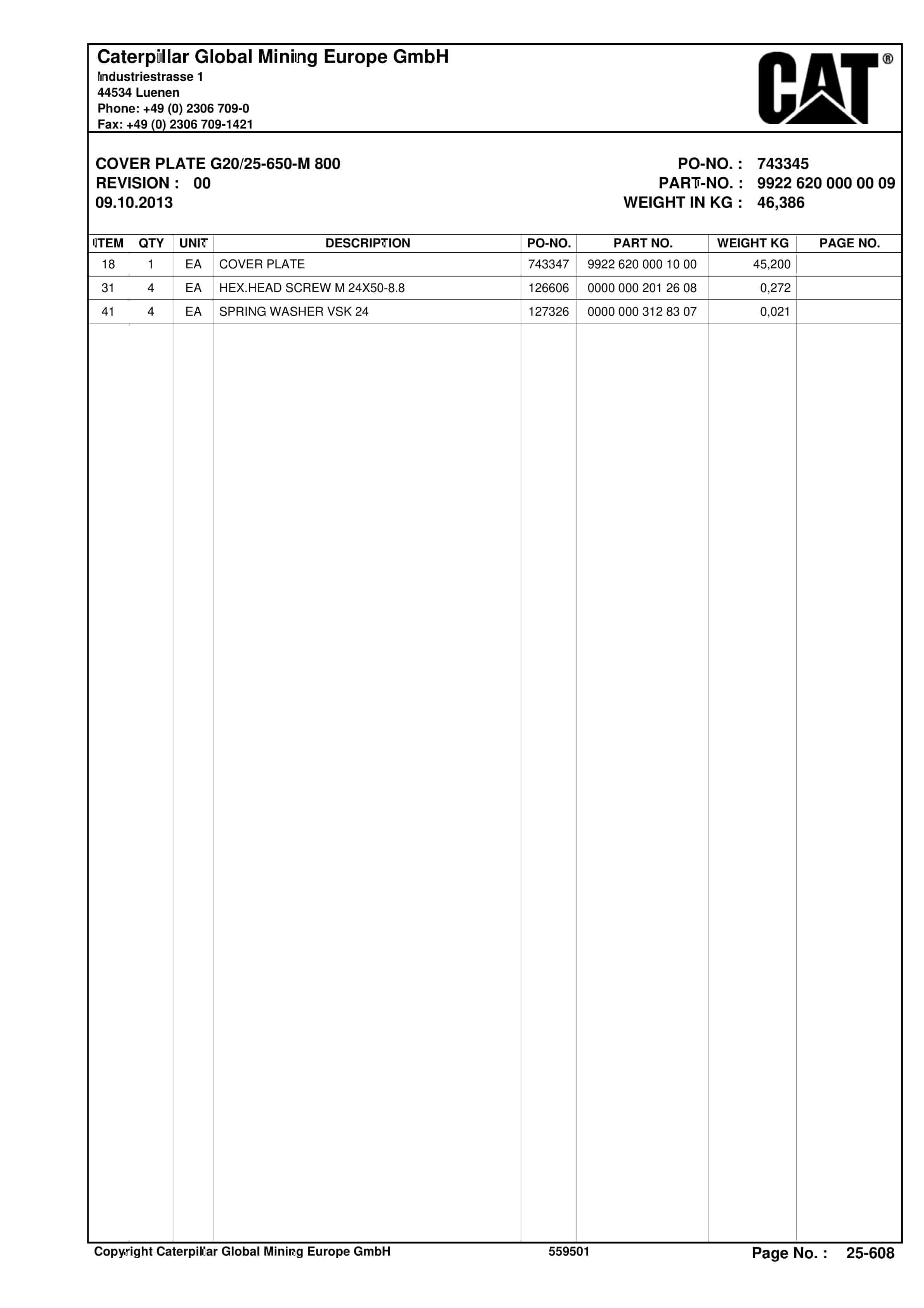 Caterpillar Shearer System Spare Parts List BI628450-4