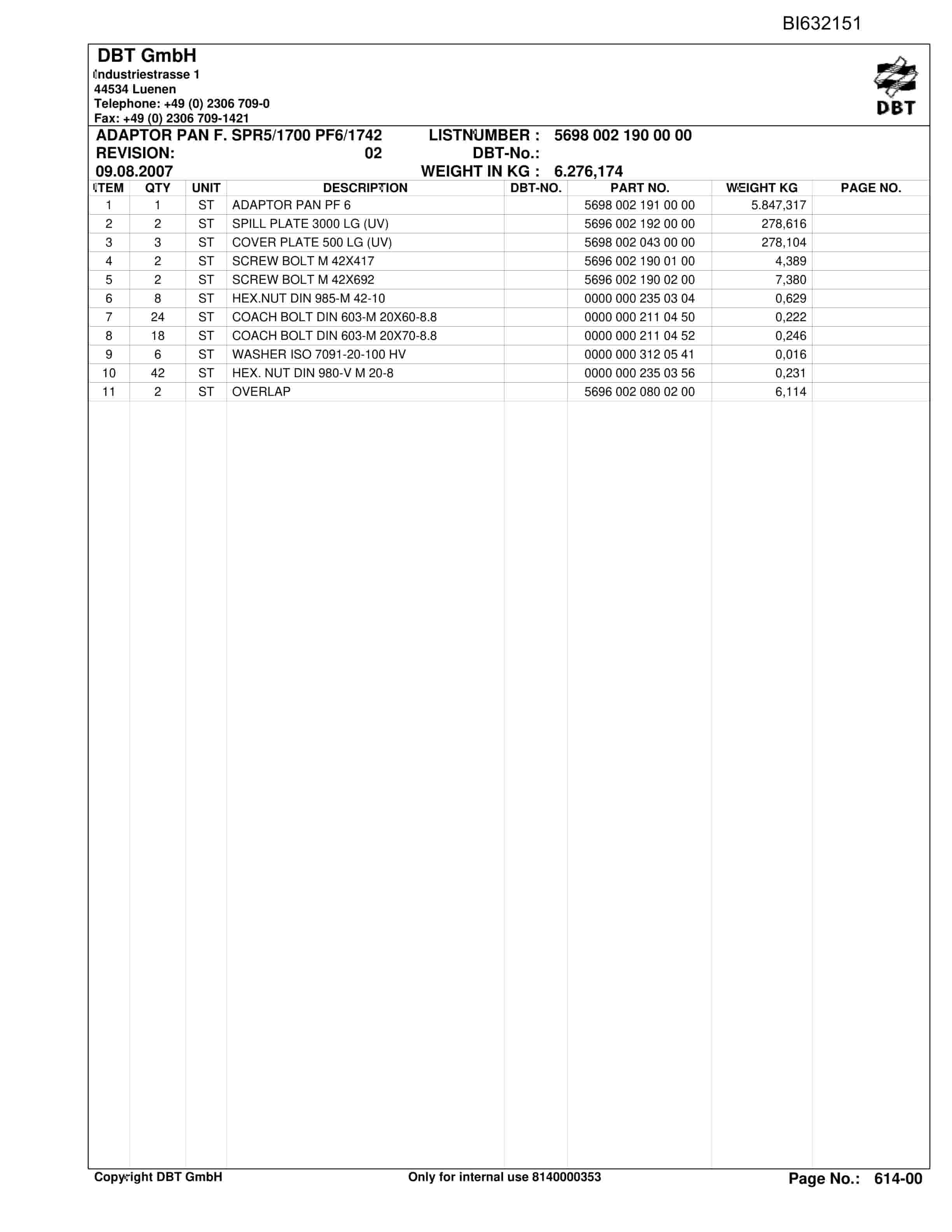 Caterpillar SHENHUA 9, BSL PF 6-1742 Parts Manual BI632151-3