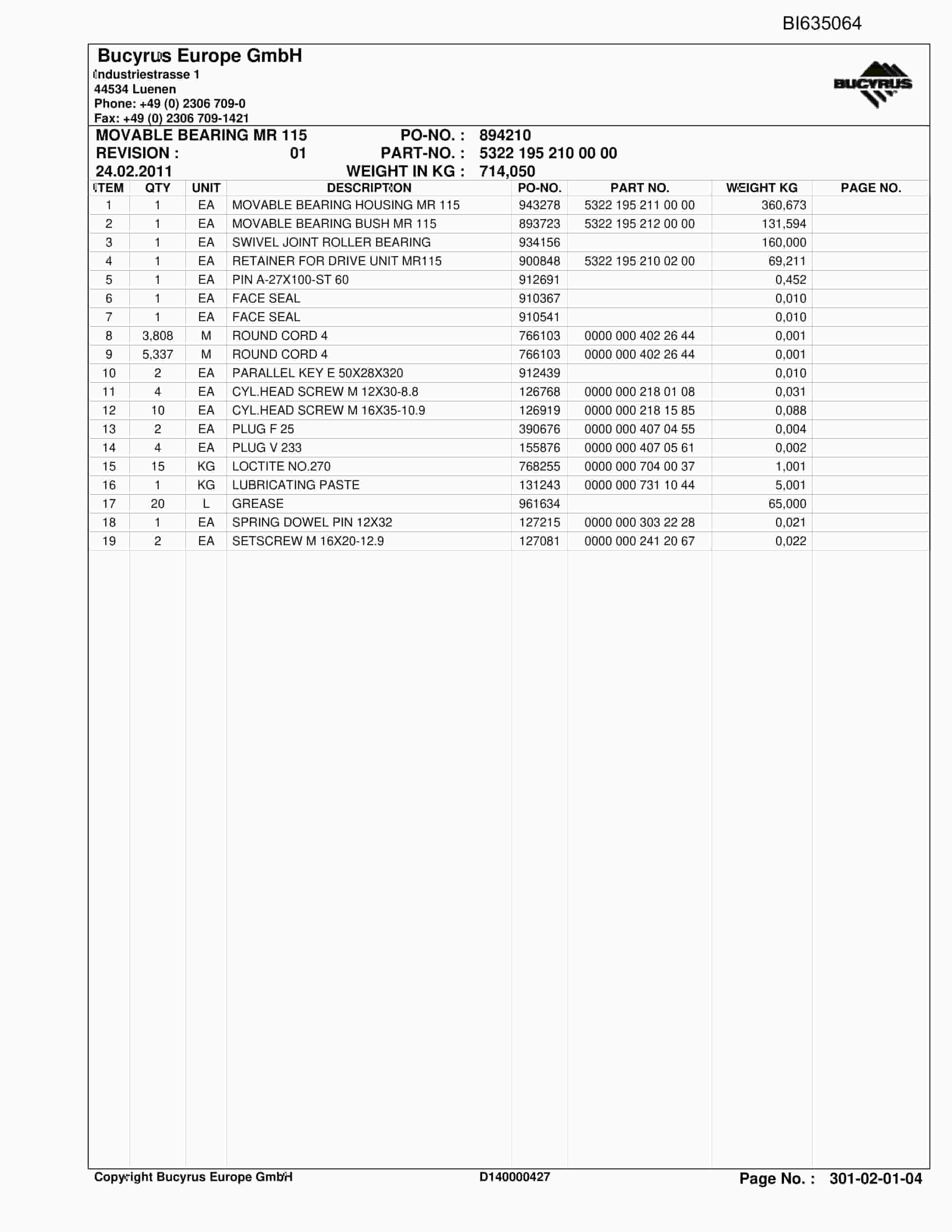 Caterpillar SHENHUA AFC 13, SH-AFC PF 6H-1542 Parts Manual BI635064-3